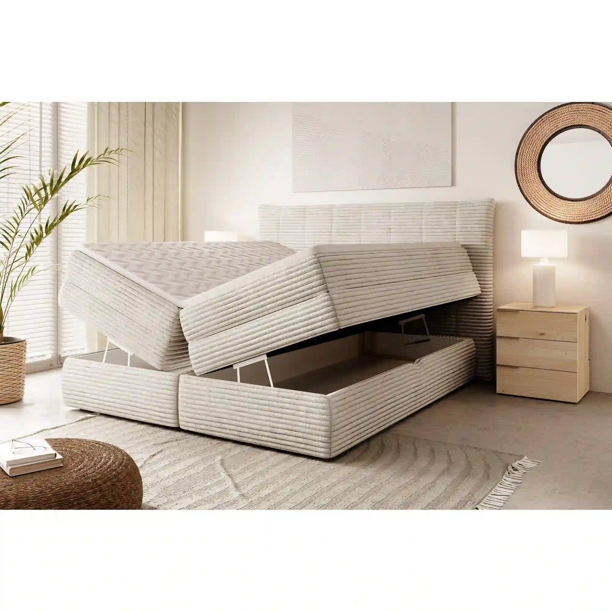 Pat boxspring AMBER 160x200, personalizabil materiale Gama Premium, cu spatiu depozitare, saltele si topper
