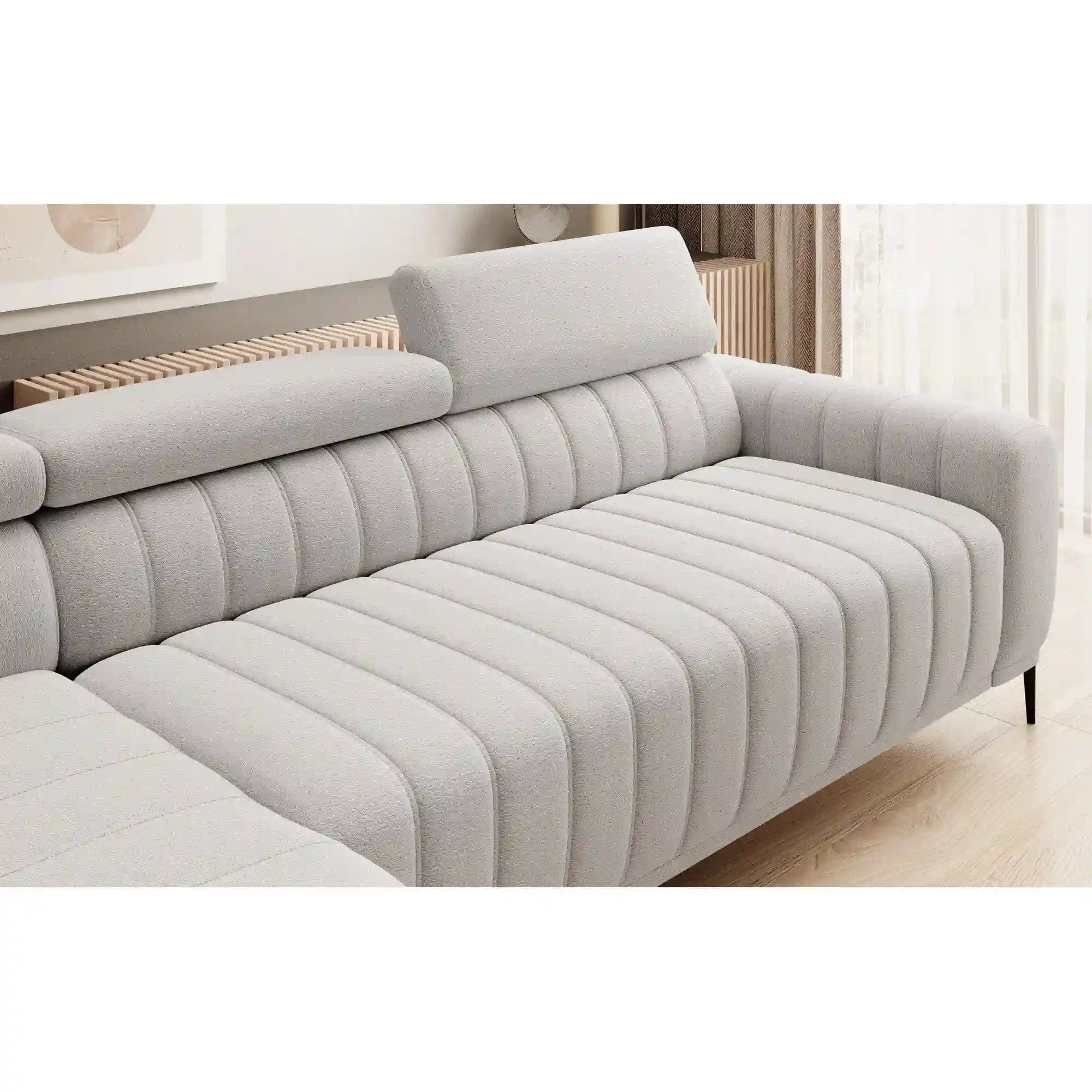 Coltar extensibil GANDI 120, personalizabil material gama Oferta Avantaj, cu lada depozitare si tetiere reglabile, 261x204x99 cm