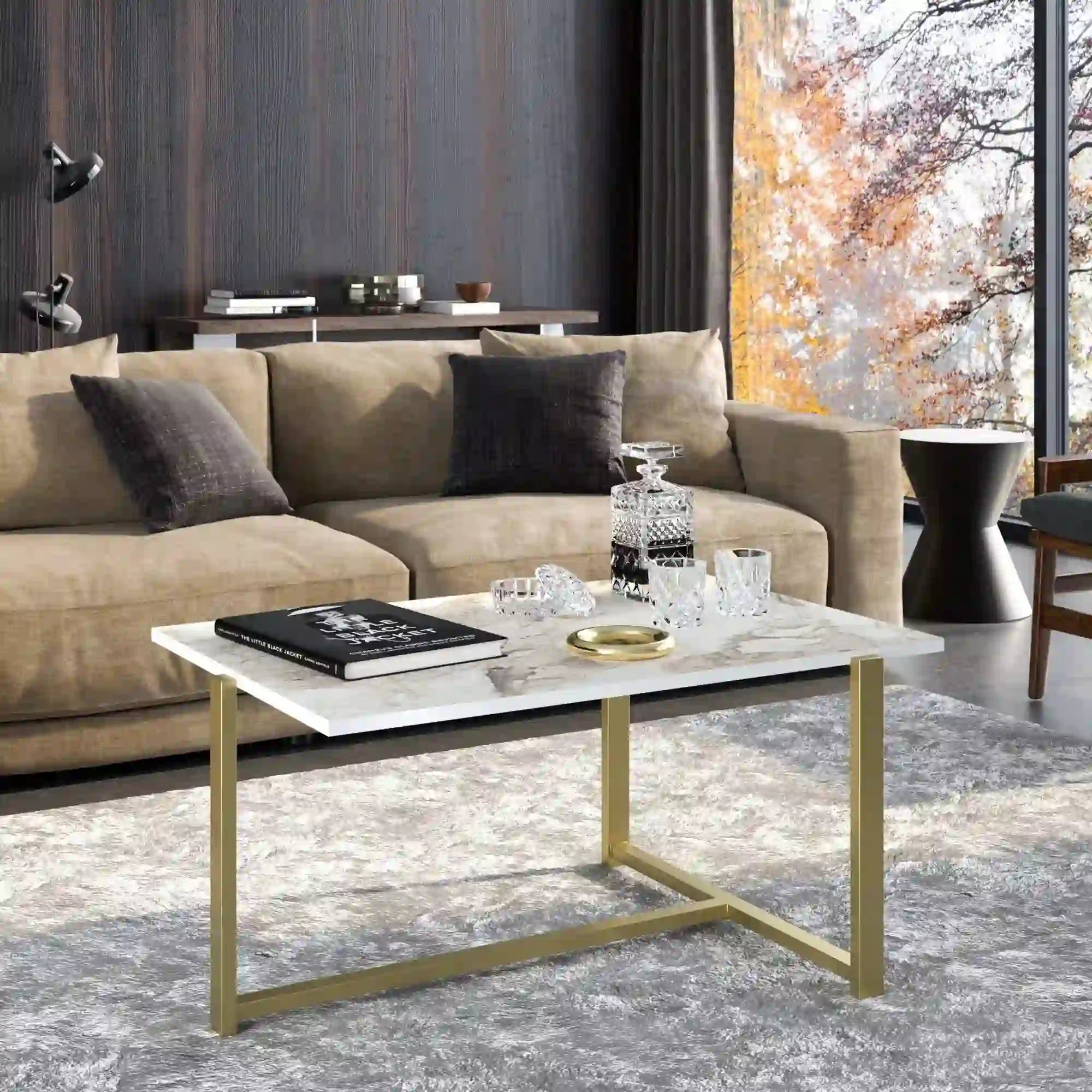 Masuta cafea Merideths, alb cu efect de marmura/auriu, PAL melaminat, 92x64x45 cm