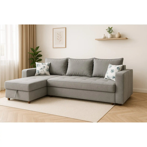 Coltar extensibil ROYAL MATLASAT, sezlong stanga, stofa clasica gri deschis - Soro 90, cu lada depozitare, 300x150x85 cm