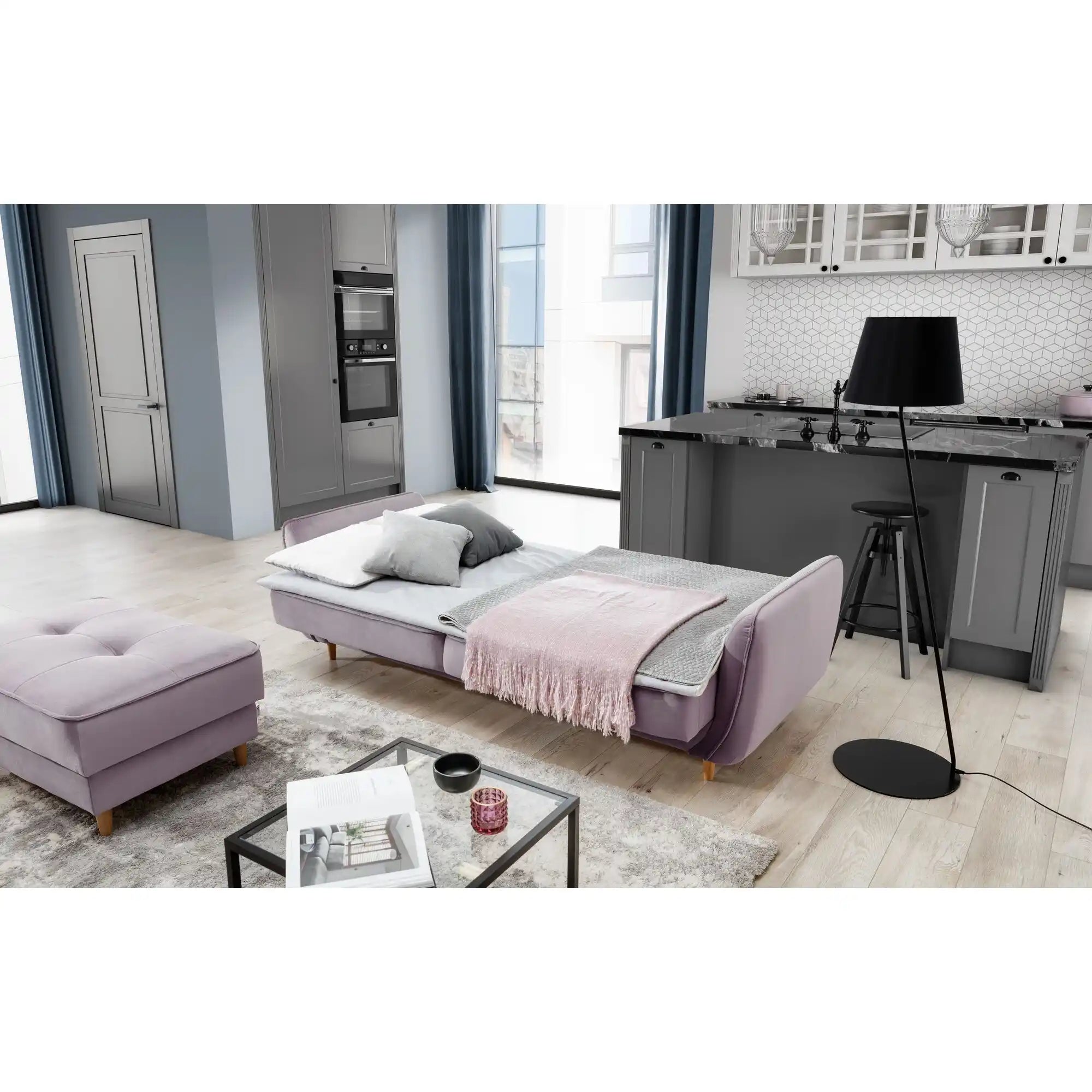 Canapea extensibila BELLIS, stofa catifelata roz - Loco 24, cu spatiu depozitare, 220x90x83 cm