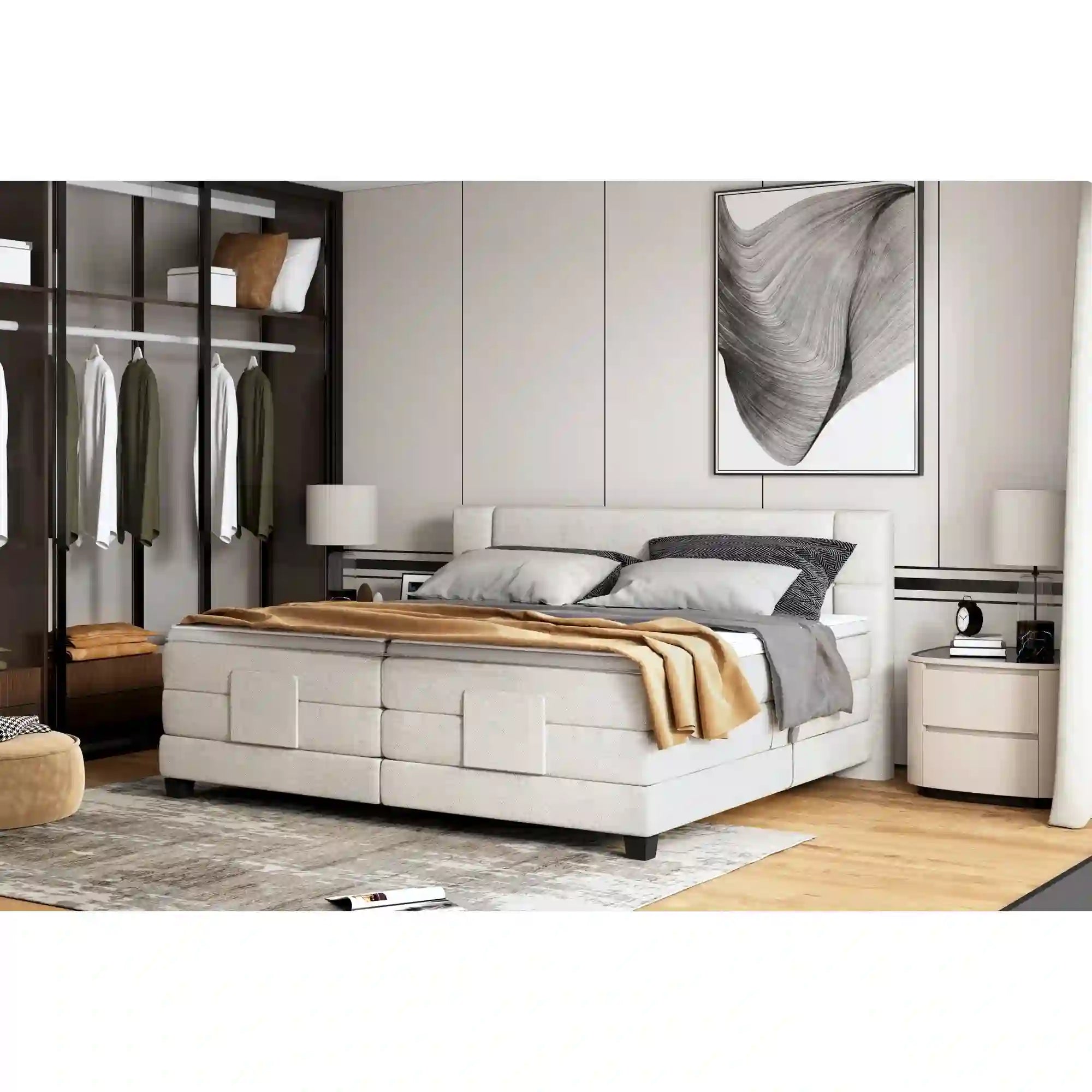 Pat boxspring REY 160x200, personalizabil materiale Gama Premium, cu mecanism electric, saltele si topper