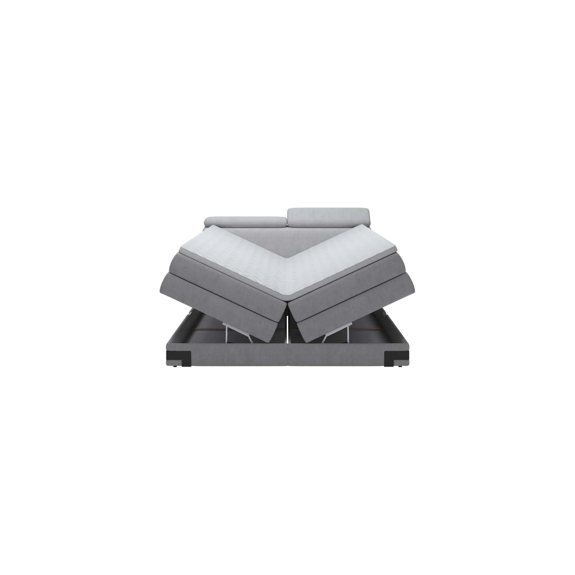 Pat boxspring KANO 160x200, stofa catifelata albastru - Palladium 14, Gama Premium, cu saltea, topper, tetiere reglabile si 2 spatii depozitare