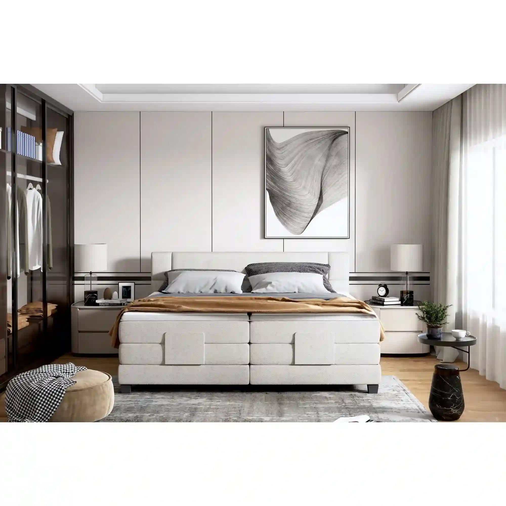 Pat boxspring REY 160x200, personalizabil materiale Gama Premium, cu mecanism electric, saltele si topper