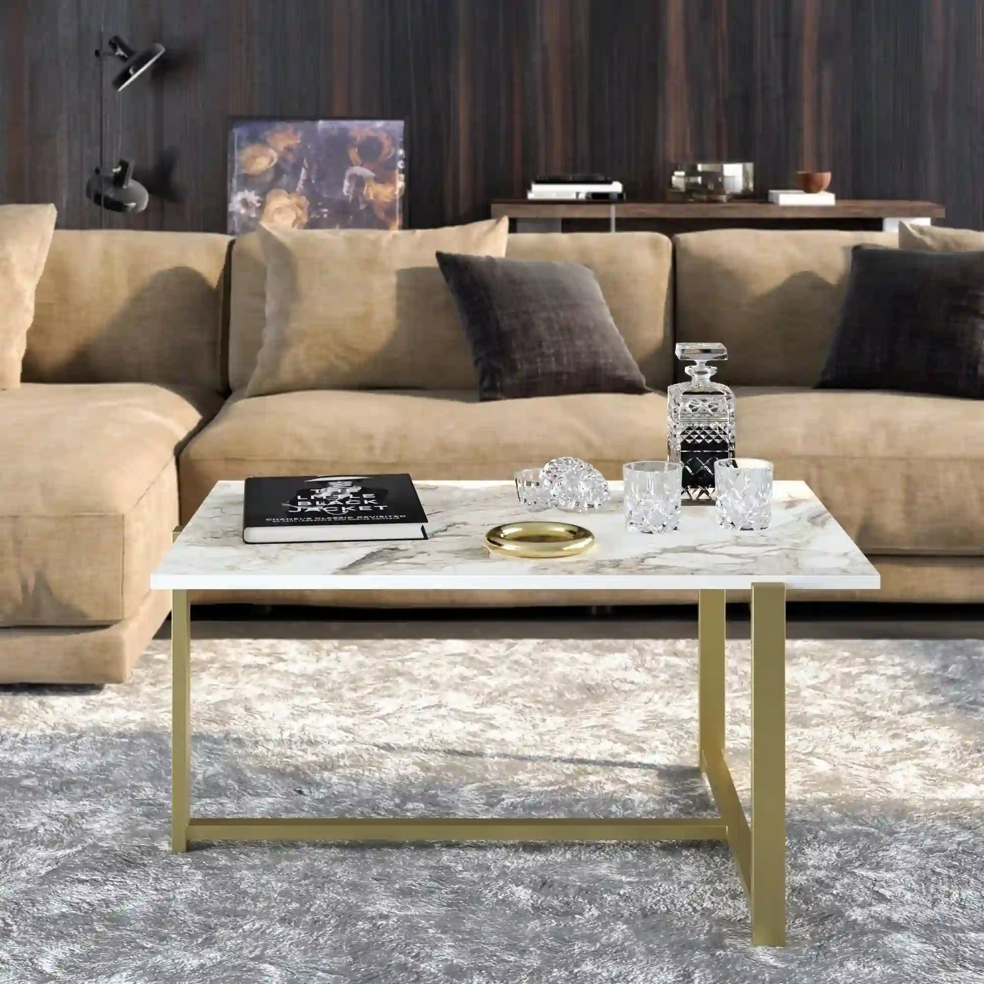 Masuta cafea Merideths, alb cu efect de marmura/auriu, PAL melaminat, 92x64x45 cm