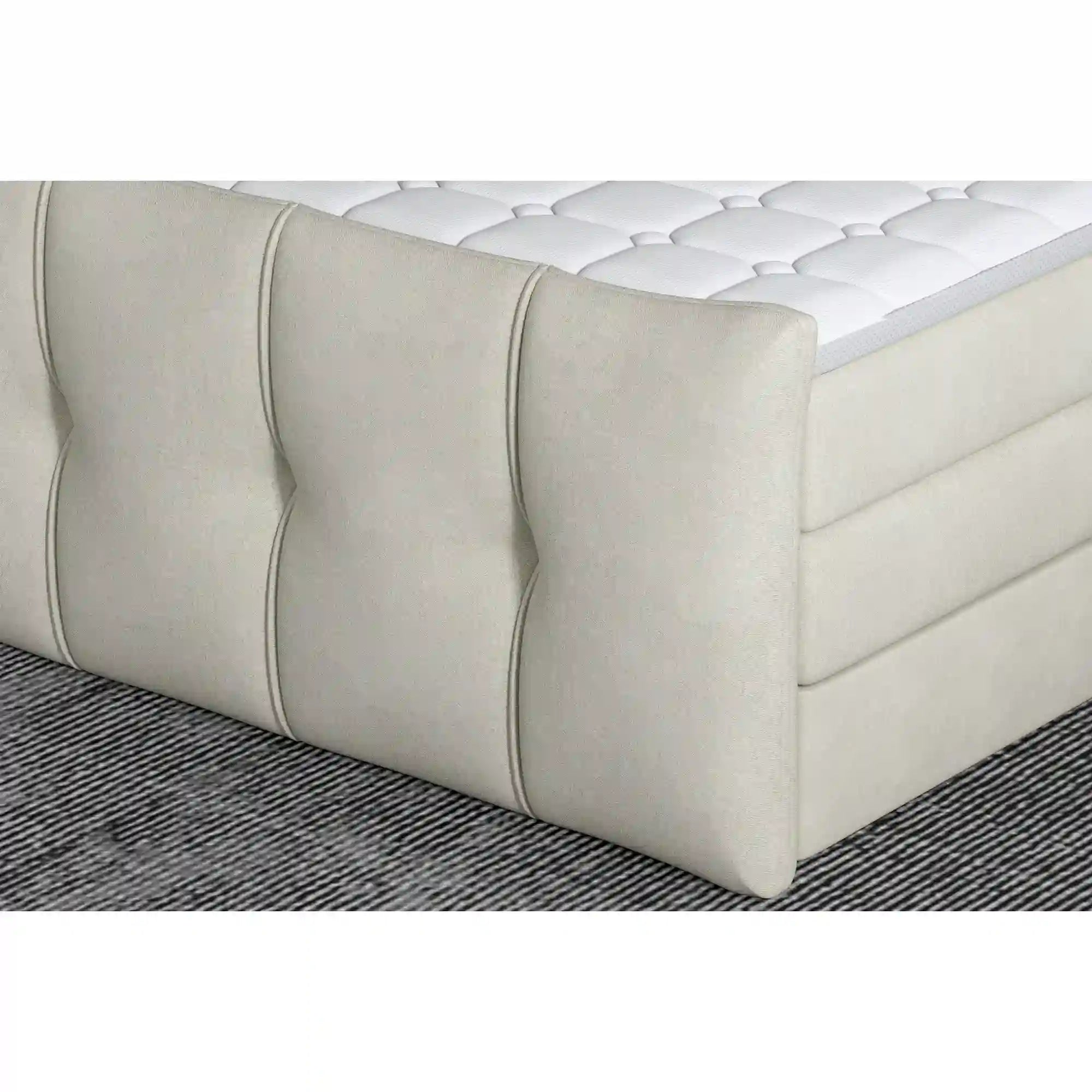 Pat boxspring SOFIA 140x200, personalizabil materiale gama Oferta Avantaj, cu saltele, topper si lada pentru depozitare