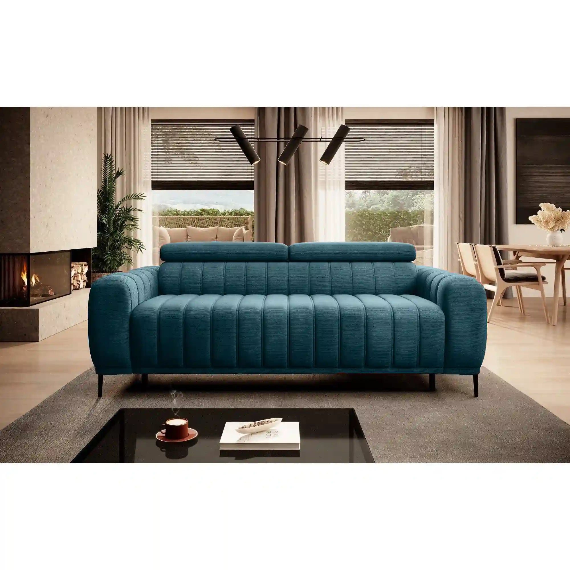 Canapea extensibila GANDI 140, stofa catifelata turcoaz inchis - Riviera 87, Gama Premium, cu tetiere reglabile, 207x102x95 cm