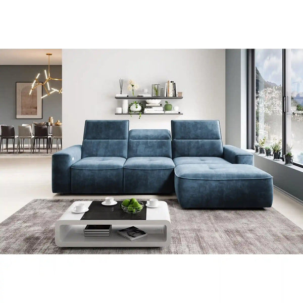 Coltar COLOMBO MINI, personalizabil materiale gama Premium, cu reglaj electric, tetiere reglabile si lada depozitare, 275x182x103 cm