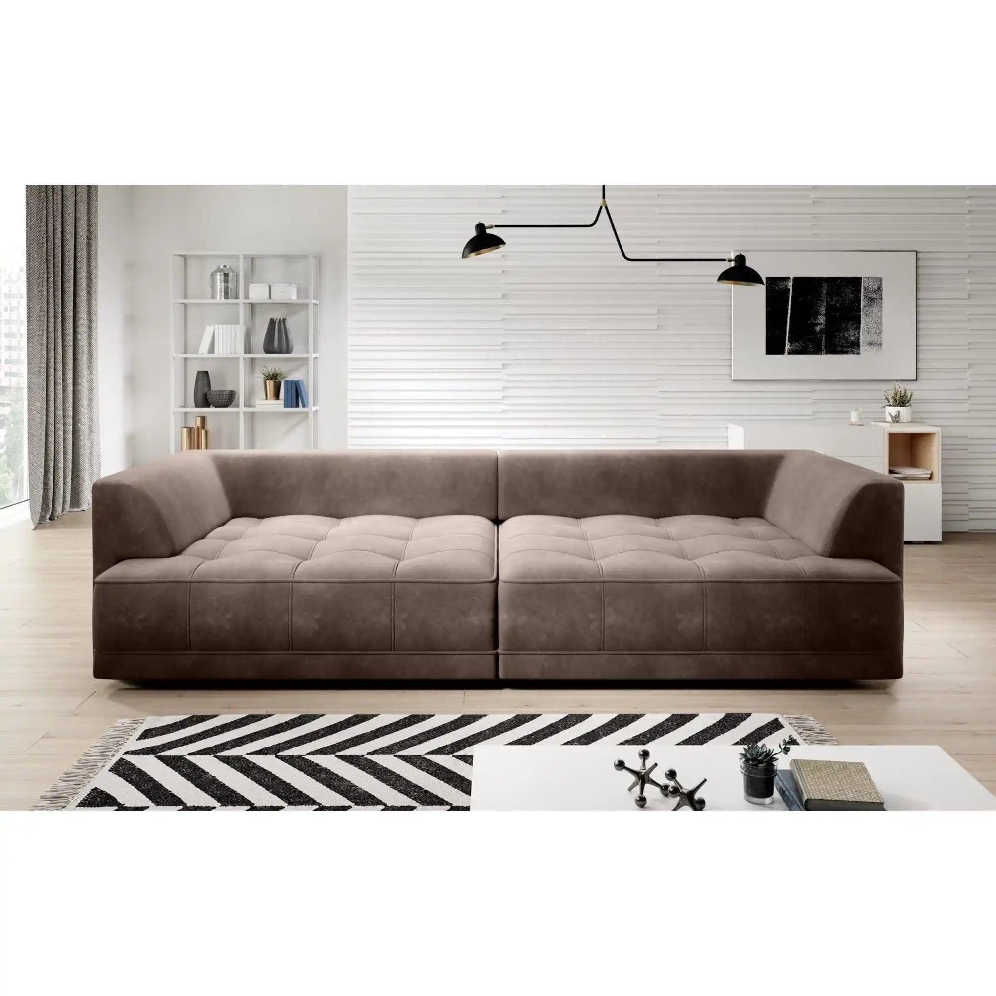 Canapea TIGA, stofa catifelata maro inchis - Whisper 6, Gama Premium, cu reglaj electric, 302x136x88/72 cm