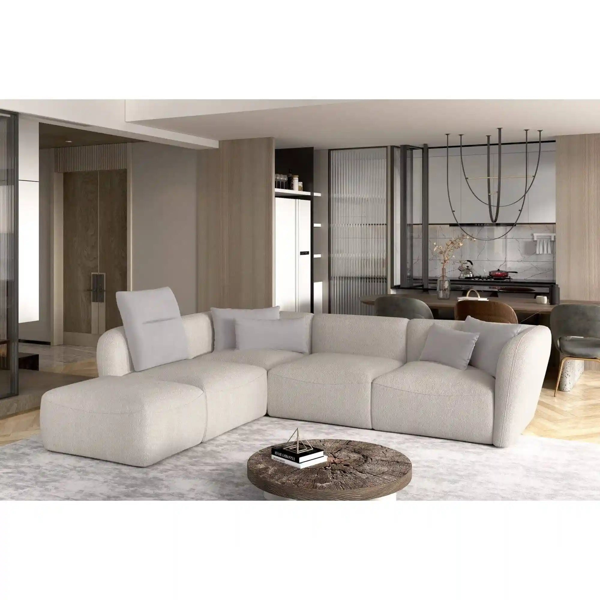 Coltar CANDELO L A, sezlong dreapta, stofa catifelata crem - Salvador 1, Gama Premium, 280x218x75 cm