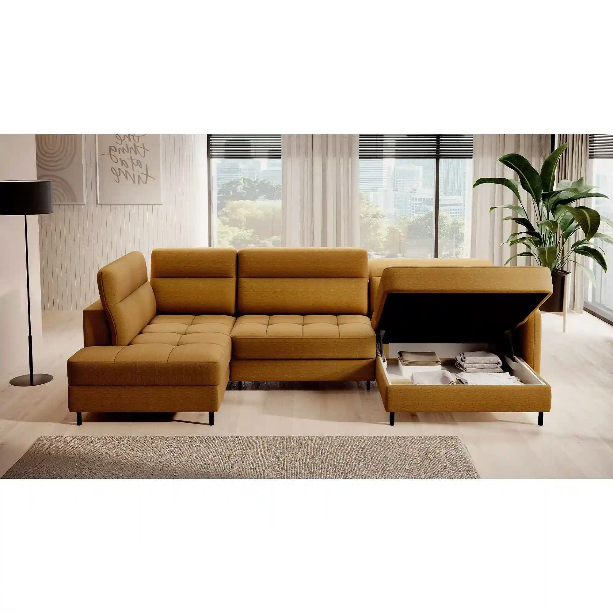 Coltar extensibil BERRTO, sezlong dreapta, stofa catifelata galben - Manhattan 45, cu tetiere reglabile si lada depozitare, 306x165x100 cm