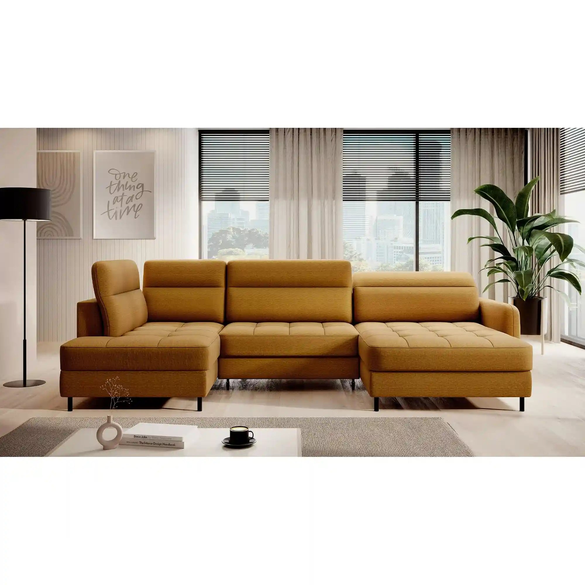 Coltar extensibil BERRTO, sezlong dreapta, stofa catifelata galben - Manhattan 45, cu tetiere reglabile si lada depozitare, 306x165x100 cm