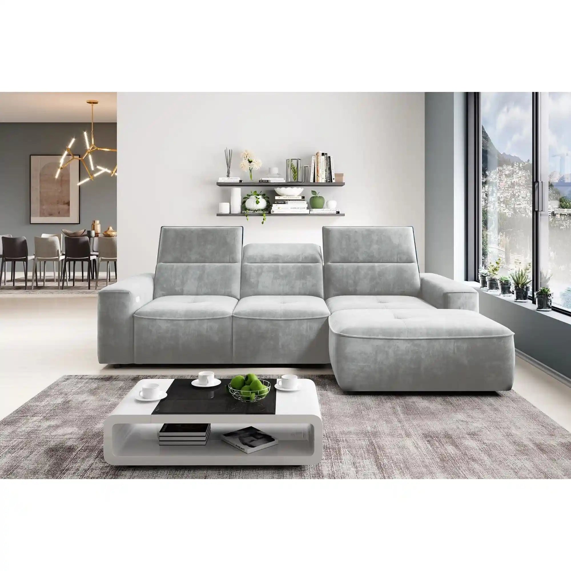 Coltar COLOMBO MINI, personalizabil materiale gama Premium, cu reglaj electric, tetiere reglabile si lada depozitare, 275x182x103 cm