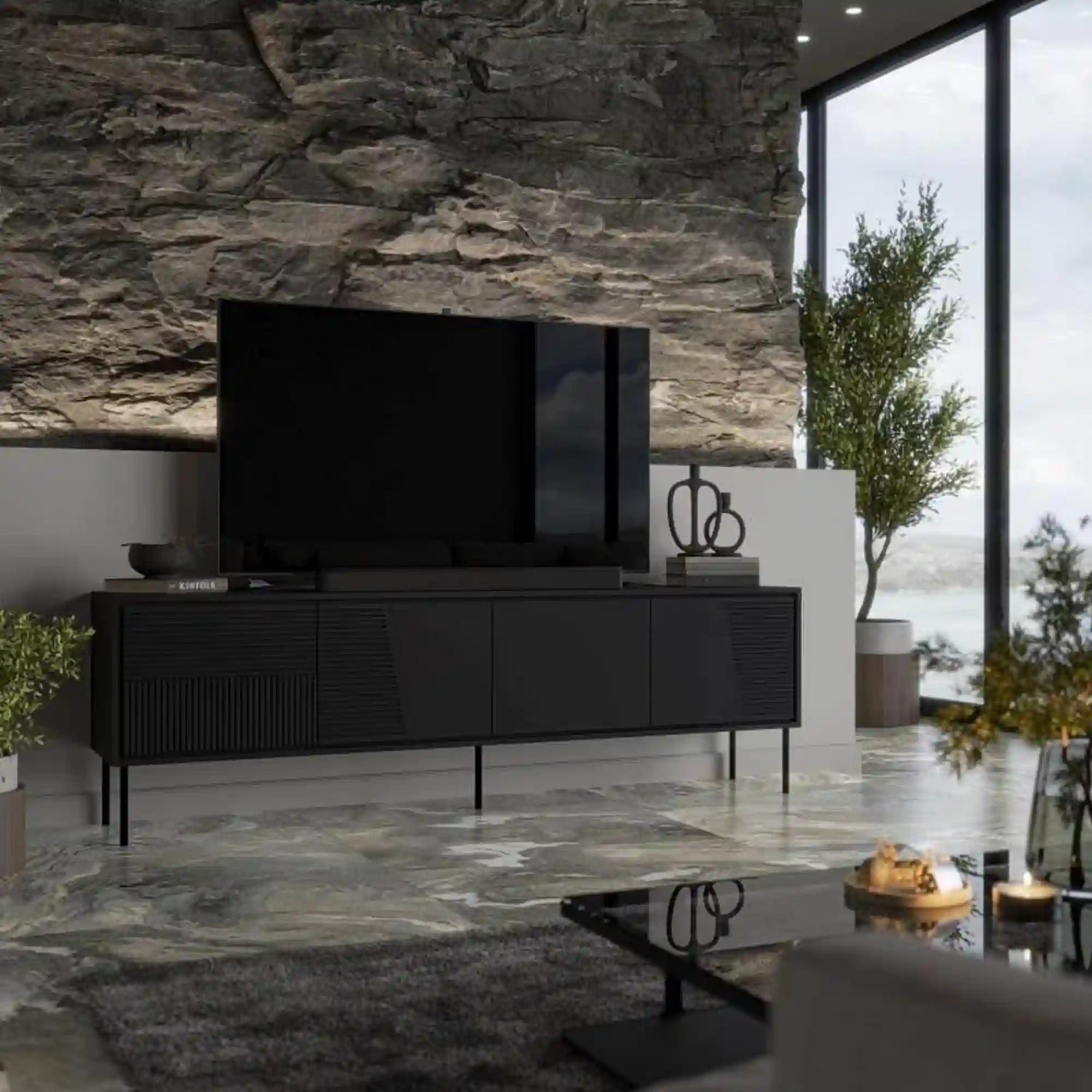 Comoda TV ABI, negru, PAL laminat/metal, 200x38x62 cm