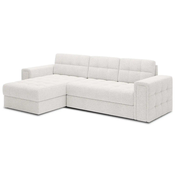 Coltar extensibil BLENVI, universal, stofa alb - Royal 01, cu lada depozitare, 260x150x82 cm
