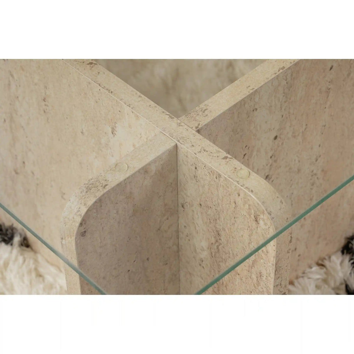 Masuta cafea FLAVIO, bej cu efect de piatra travertin/transparent, PAL/sticla, 105x65x30 cm