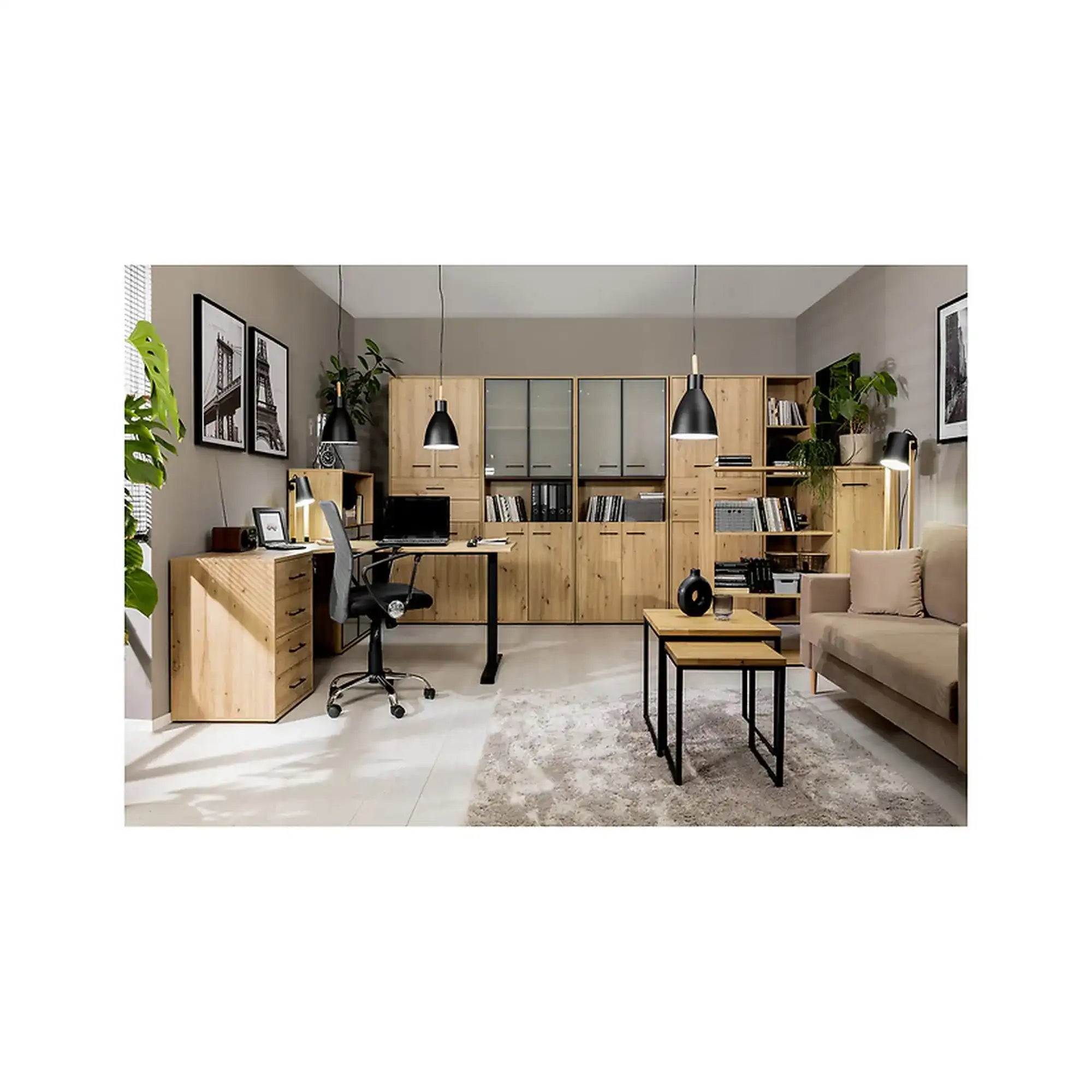Vitrina SPACE OFFICE, stejar artisan/negru fumuriu, PAL laminat/sticla, cu 4 usi si 2 sertare, 80x38x203 cm