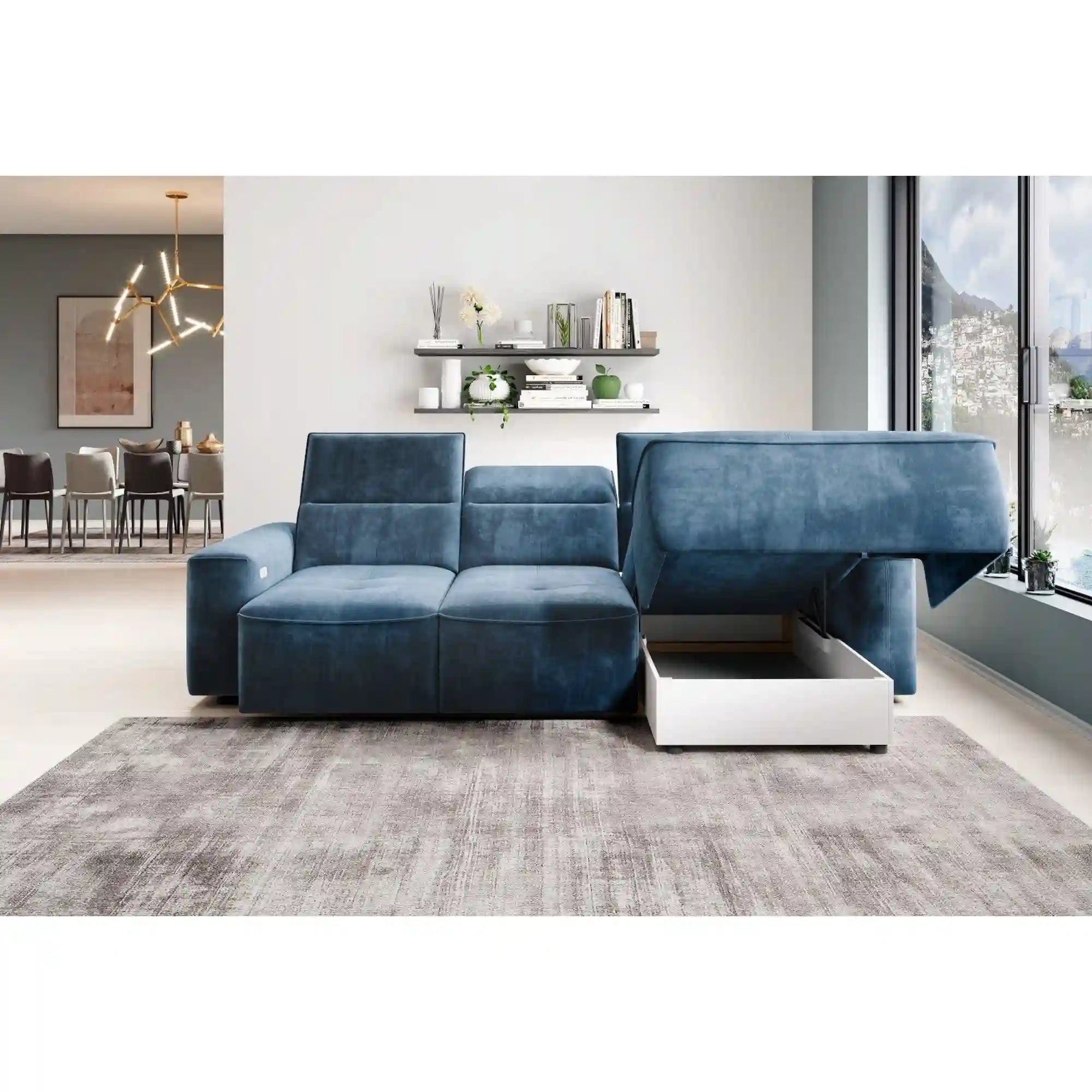 Coltar COLOMBO MINI, personalizabil materiale gama Oferta Avantaj, cu reglaj electric, tetiere reglabile si lada depozitare, 275x182x103 cm