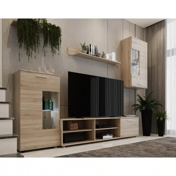 Mobilier living FRONTAL 1 NEW, stejar sonoma, DTD foliat/sticla, 4 piese, 230x39x190 cm