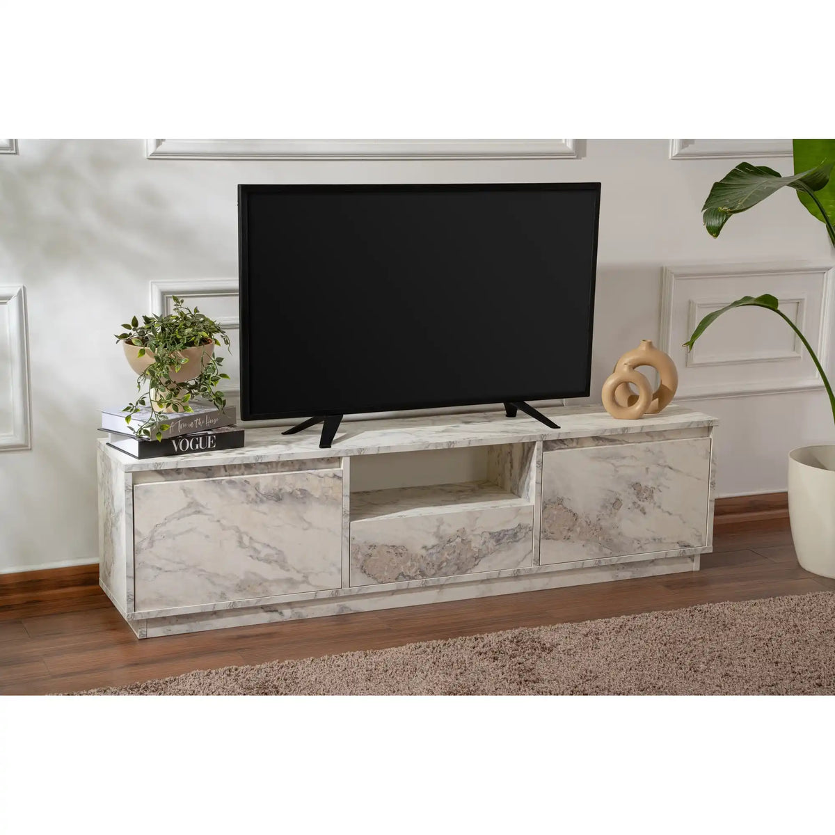 Comoda TV VANGUARD, alb cu efect de marmura, PAL, 160x30x42 cm