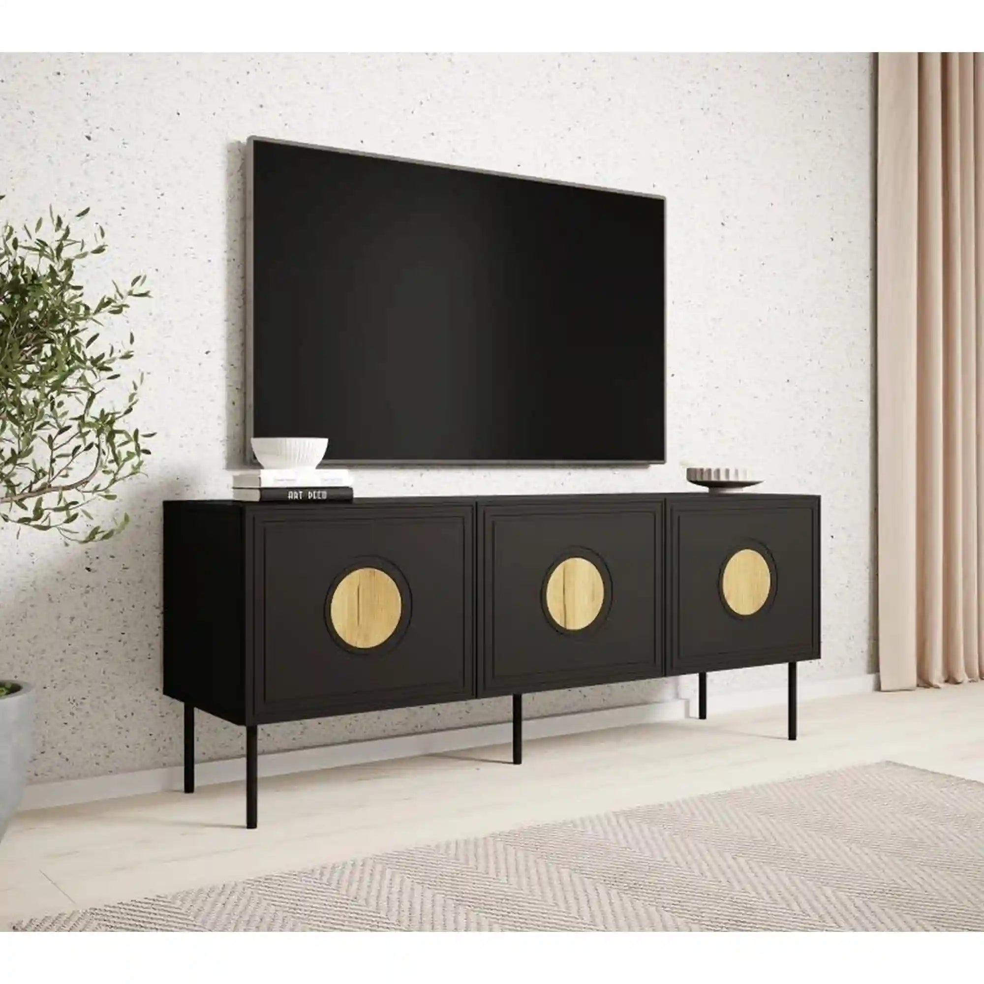 Comoda TV PALAZZO, negru, PAL laminat/metal, 150x42x60 cm