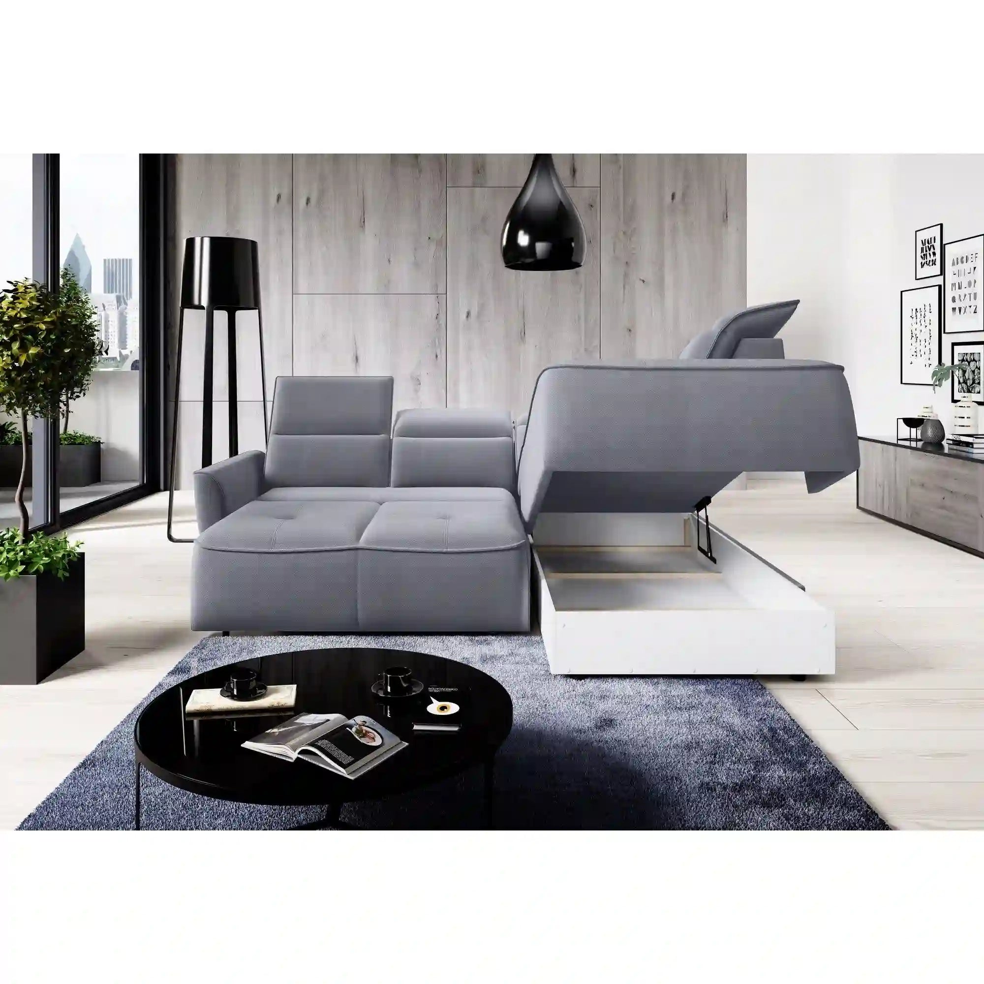 Coltar MURILLO L, personalizabil materiale gama Premium, cu reglaj electric, tetiere reglabile si lada depozitare, 261x218x100 cm