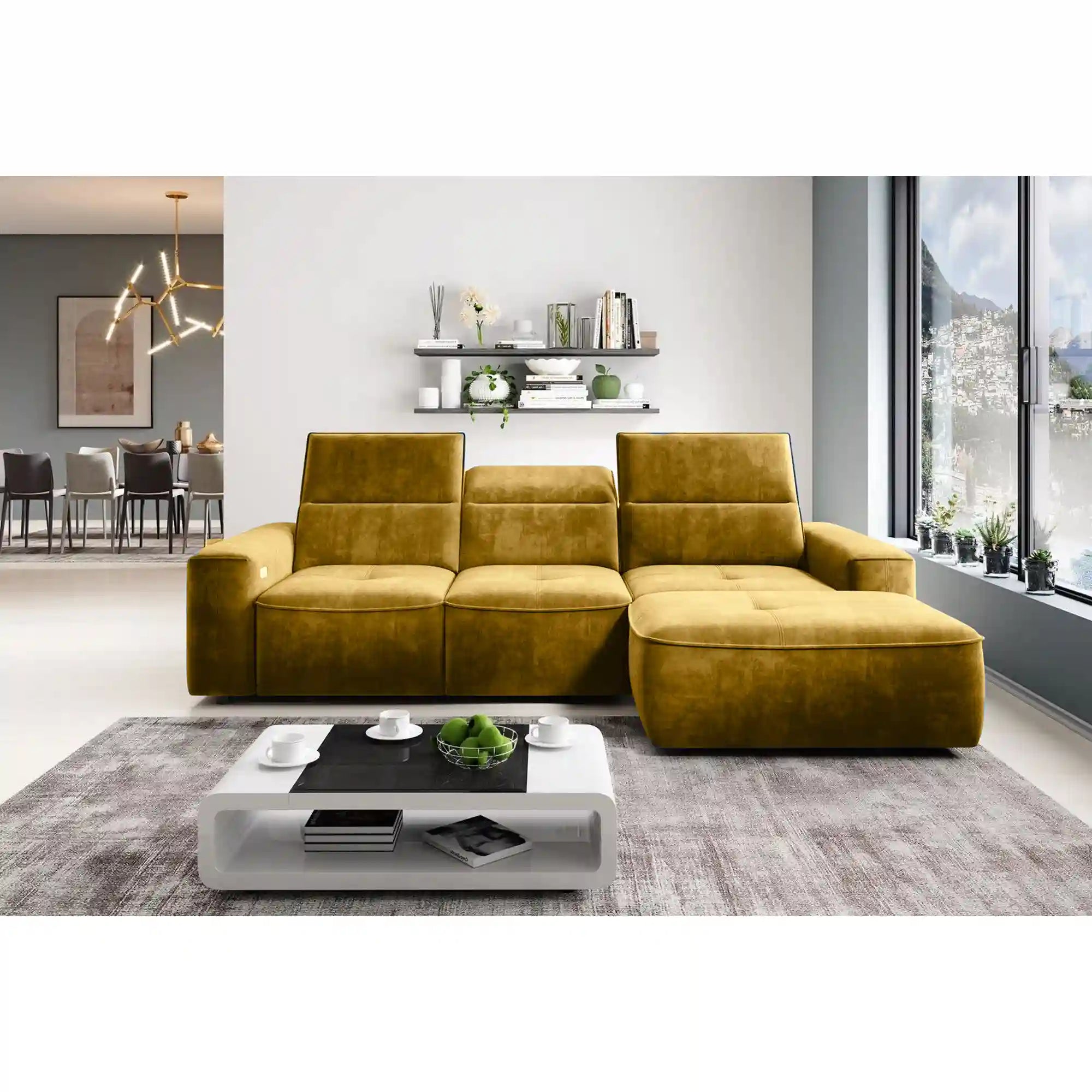 Coltar COLOMBO MINI, personalizabil materiale gama Oferta Avantaj, cu reglaj electric, tetiere reglabile si lada depozitare, 275x182x103 cm
