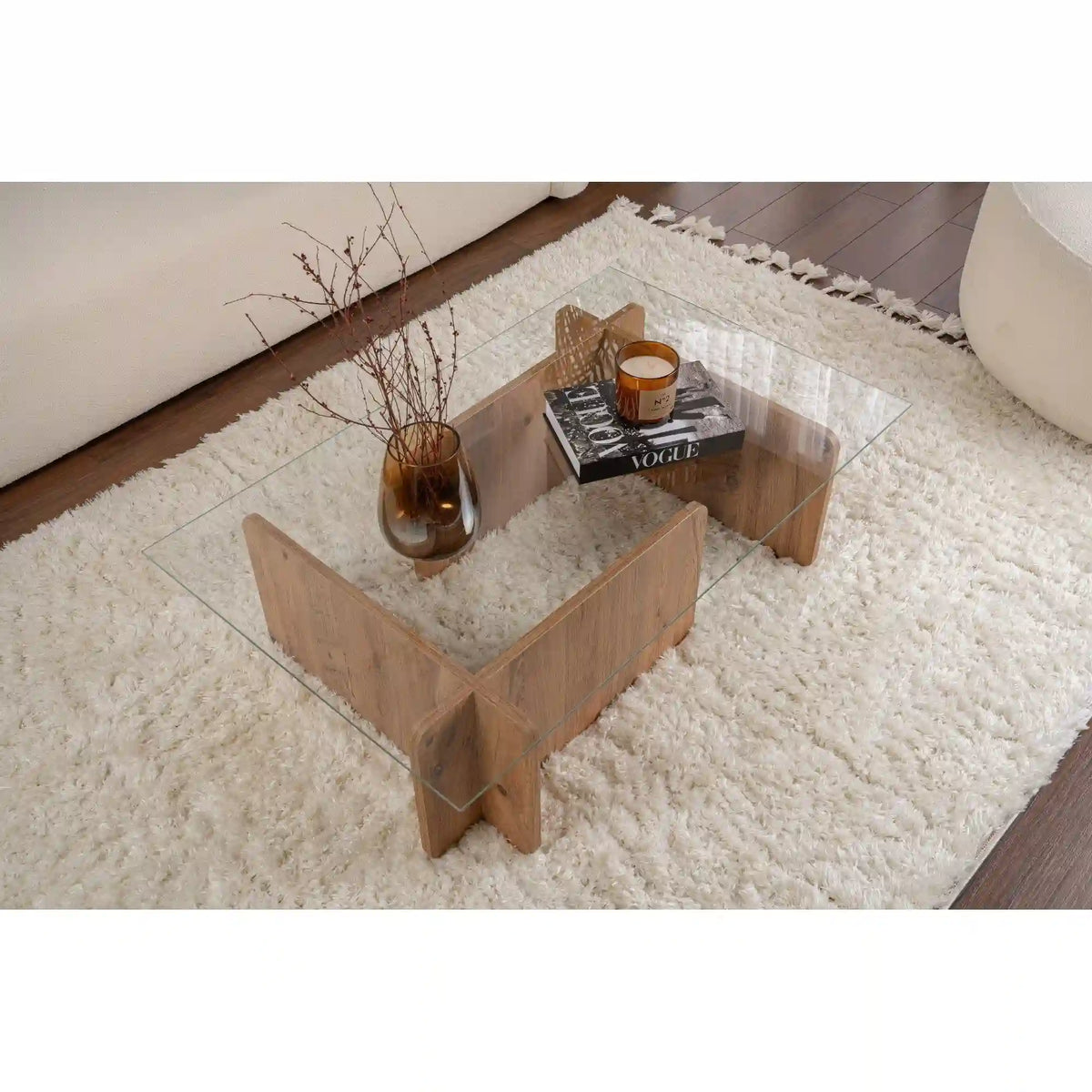 Masuta cafea FLAVIO, pin/transparent, PAL/sticla, 105x65x30 cm