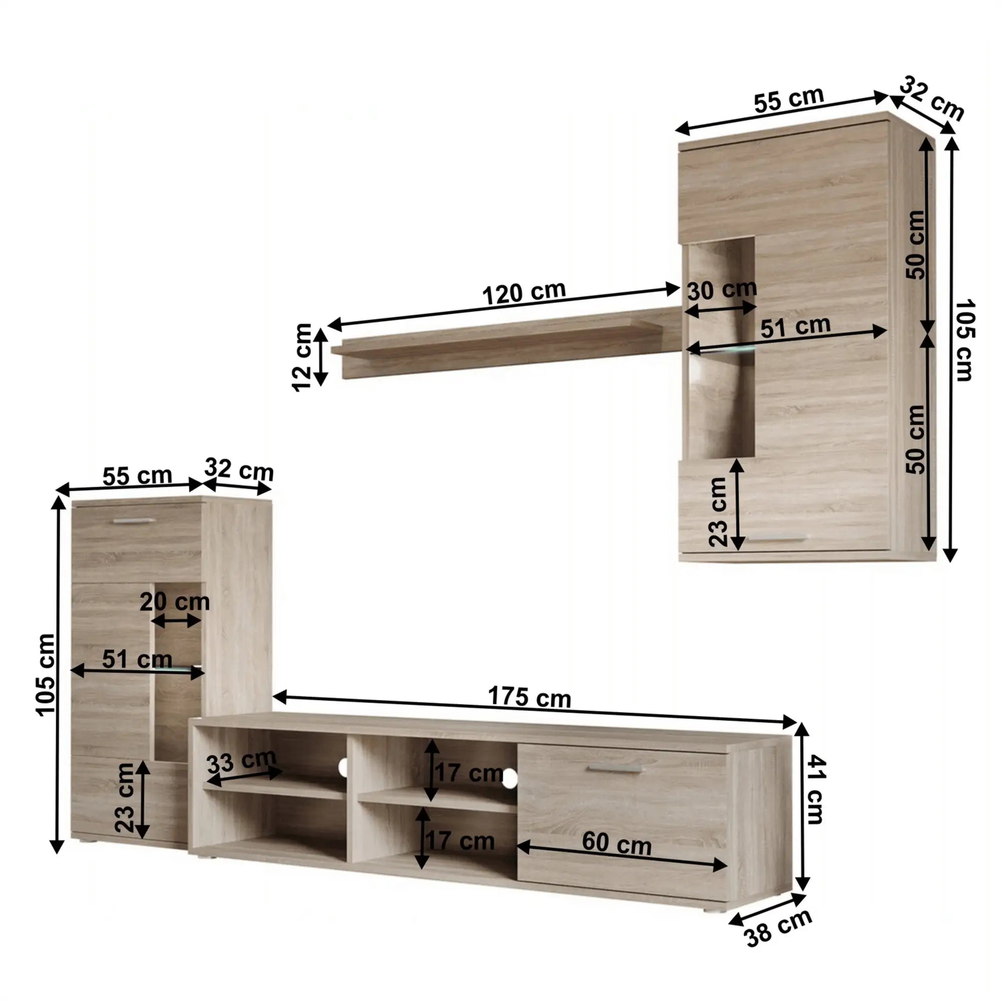 Mobilier living FRONTAL 1 NEW, stejar sonoma, DTD foliat/sticla, 4 piese, 230x39x190 cm