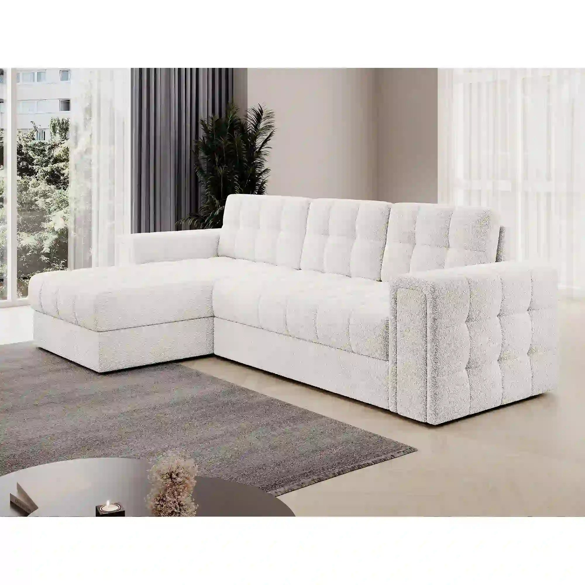 Coltar extensibil BLENVI, universal, stofa alb - Royal 01, cu lada depozitare, 260x150x82 cm