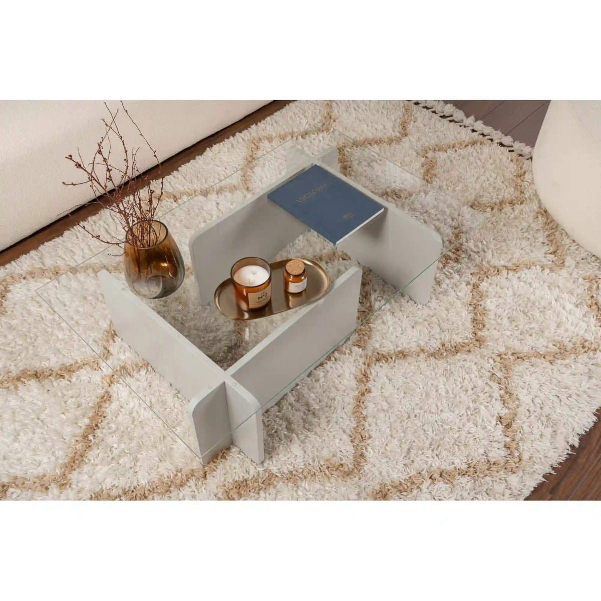 Masuta cafea FLAVIO, gri/transparent, PAL/sticla, 105x65x30 cm