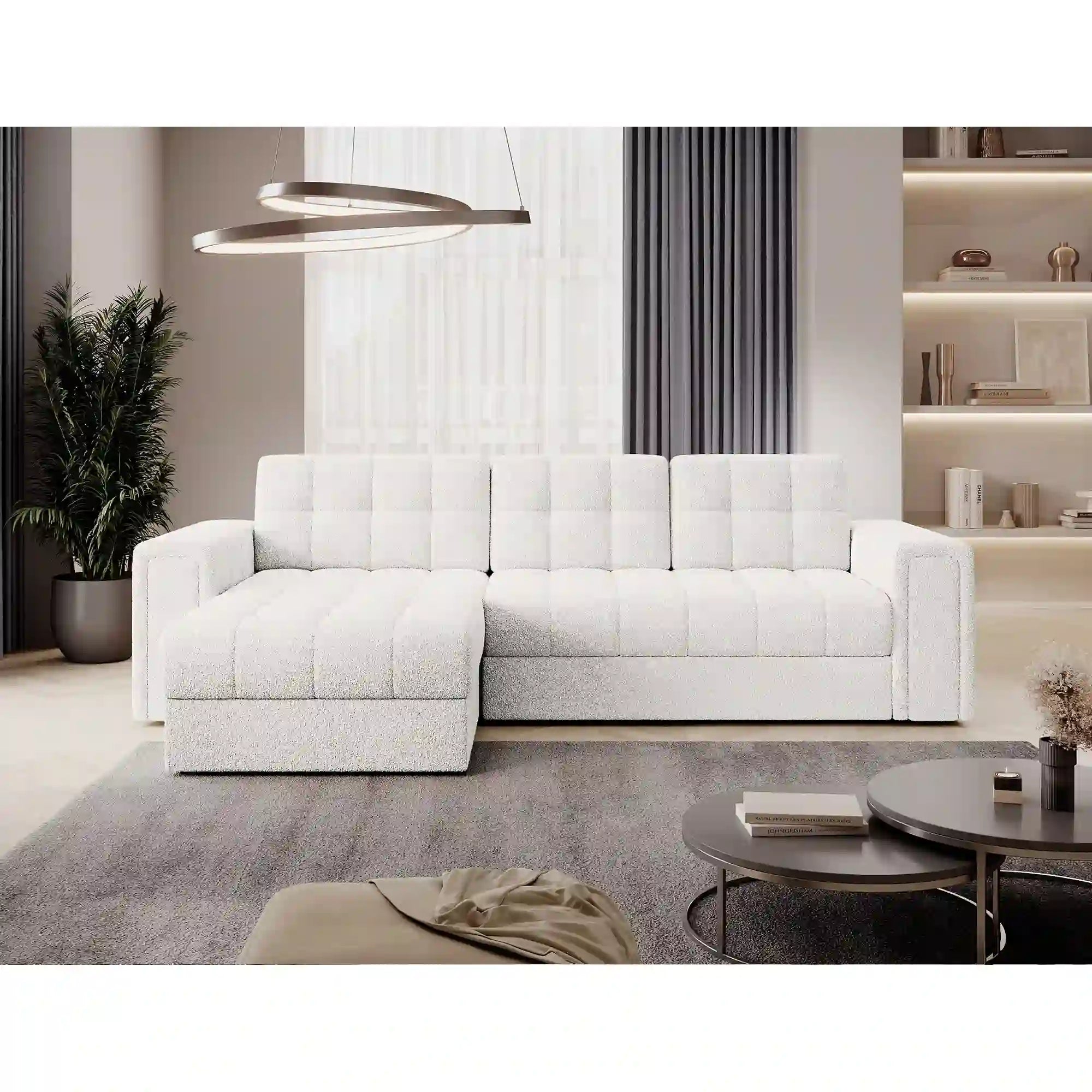 Coltar extensibil BLENVI, universal, stofa alb - Royal 01, cu lada depozitare, 260x150x82 cm