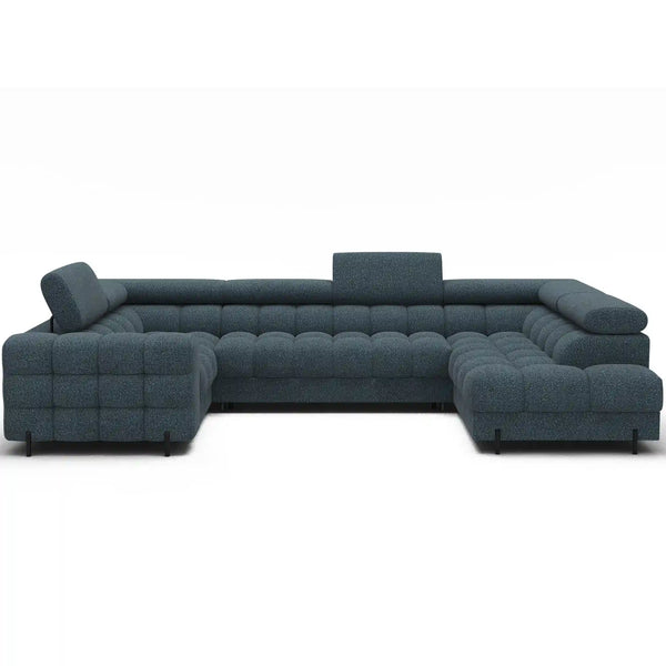 Coltar extensibil FECTORY, sezlong dreapta, stofa clasica albastru inchis - Jaffray 40, cu tetiere reglabile si spatiu depozitare, 346x205x93 cm
