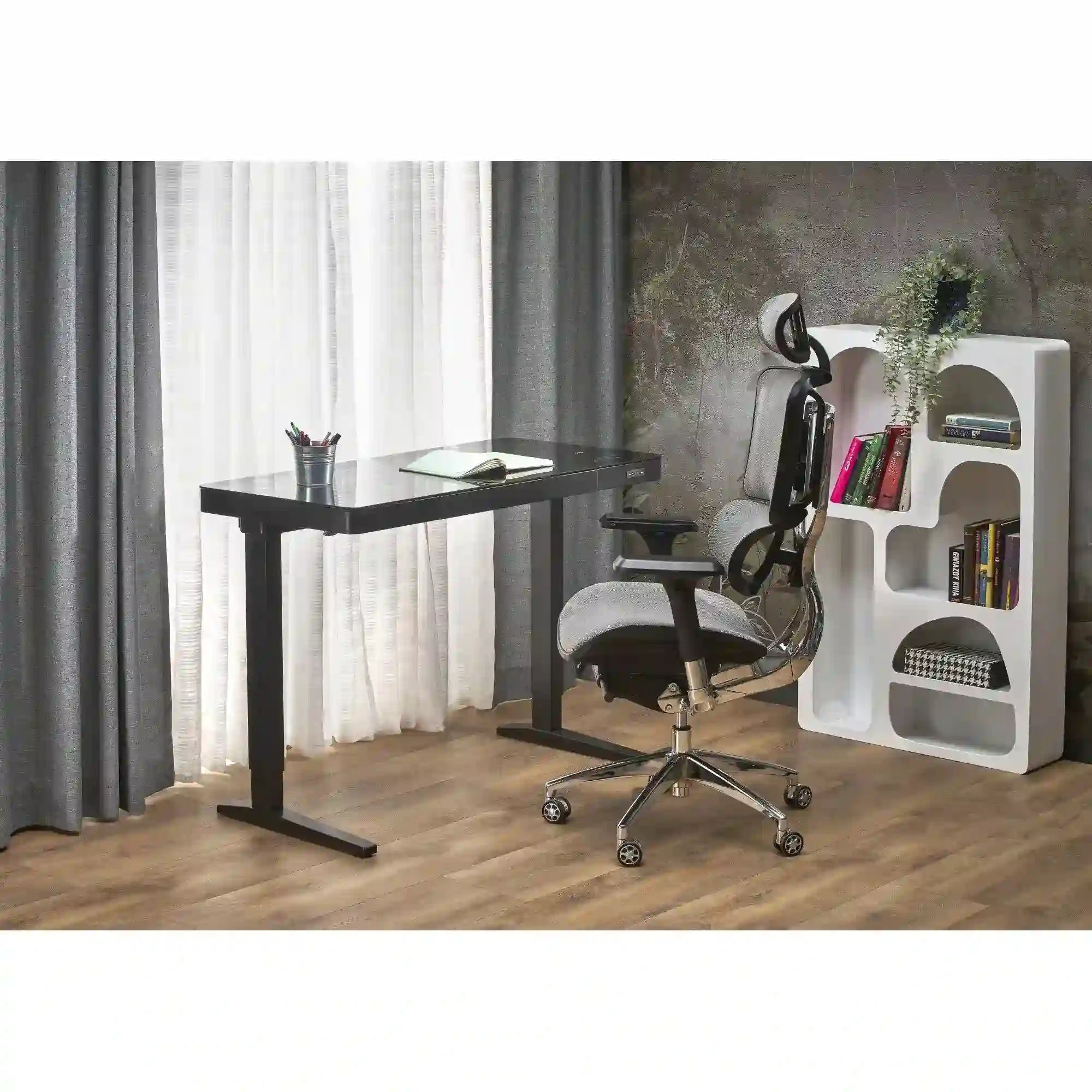 Birou B52, negru, sticla/metal, 120x60x77/120 cm