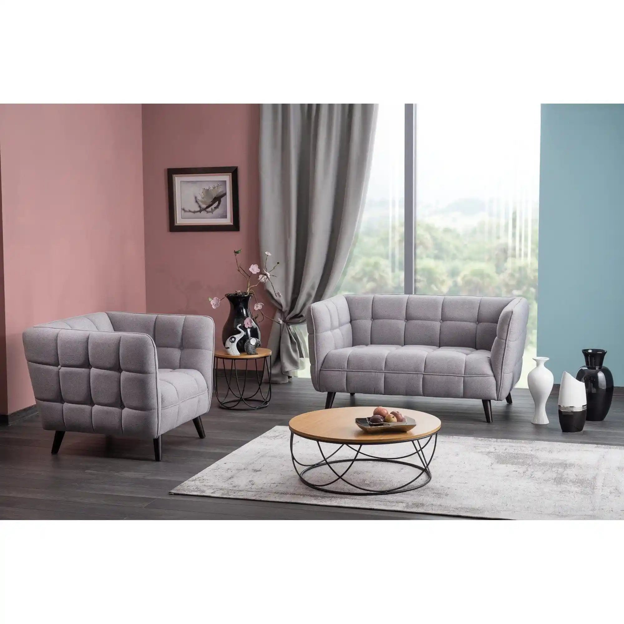 Canapea CASTELLO 2, gri - Bluvel 14, stofa catifelata/lemn, 145x85x78 cm