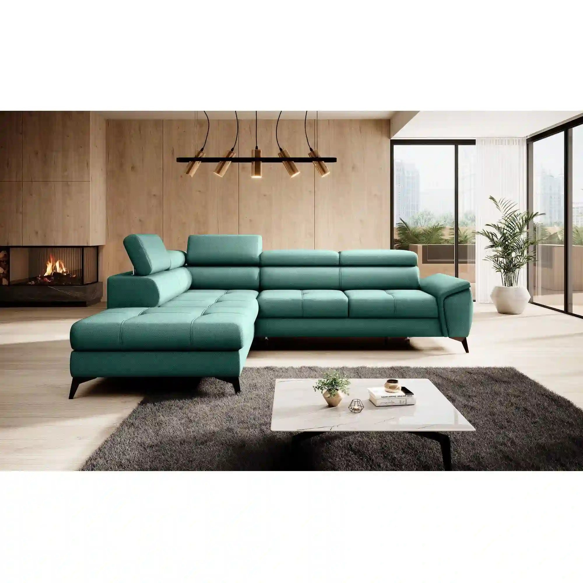 Coltar extensibil MOCCA, personalizabil materiale gama Oferta Avantaj, cu lada depozitare si tetiere reglabile, 265x222x95 cm