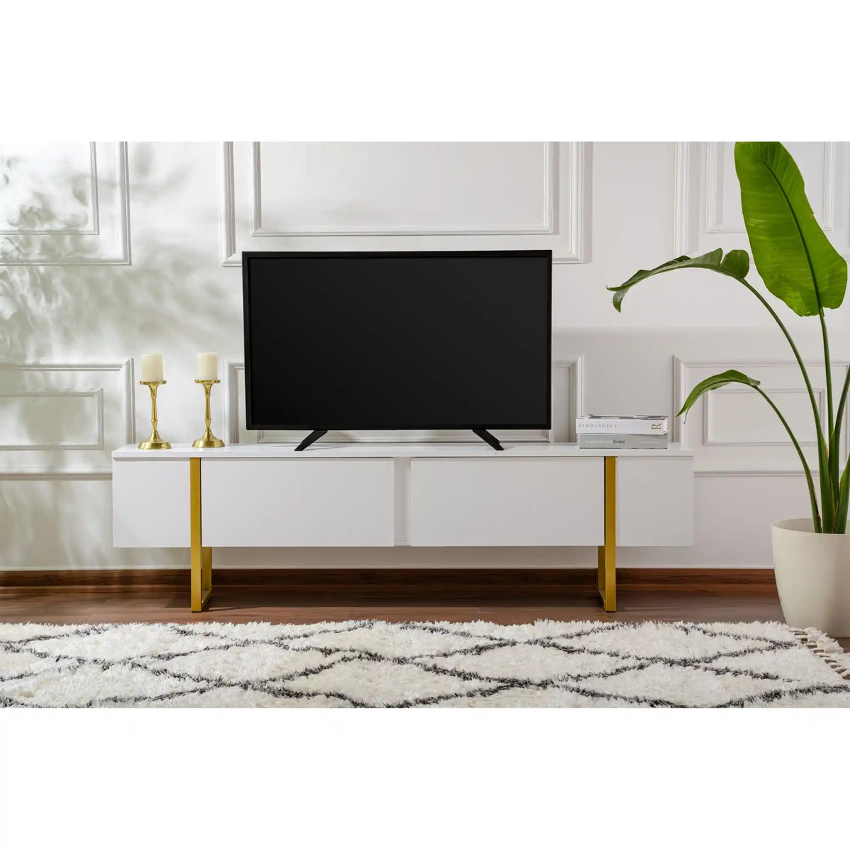 Comoda TV SERENITY, alb/auriu, PAL/metal, 180x30x50 cm