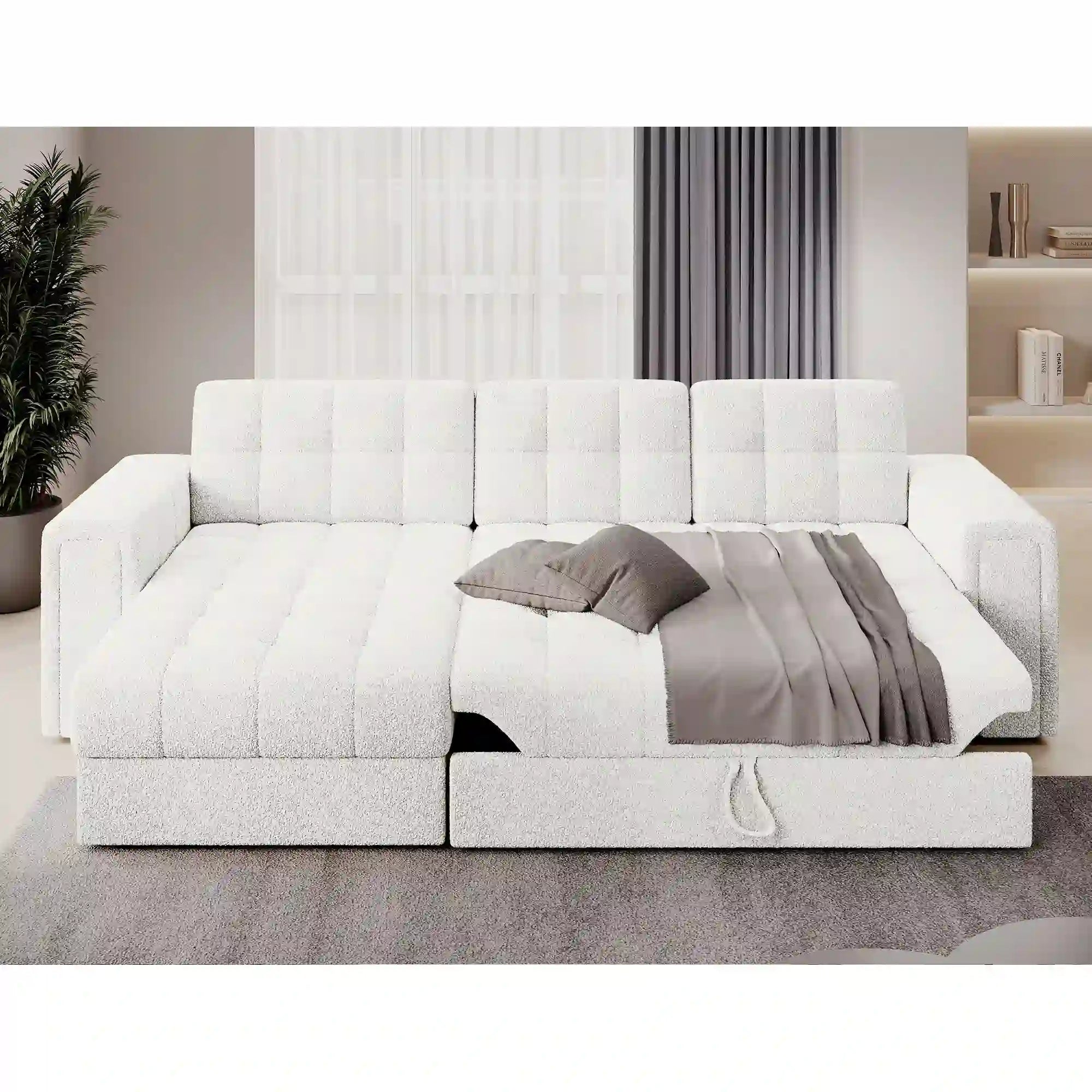 Coltar extensibil BLENVI, universal, stofa alb - Royal 01, cu lada depozitare, 260x150x82 cm