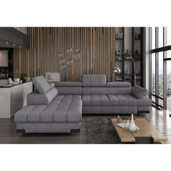 Coltar extensibil SELVA L, sezlong stanga, stofa clasica gri - Austin 19, cu lada depozitare si tetiere reglabile, 263x223x95 cm