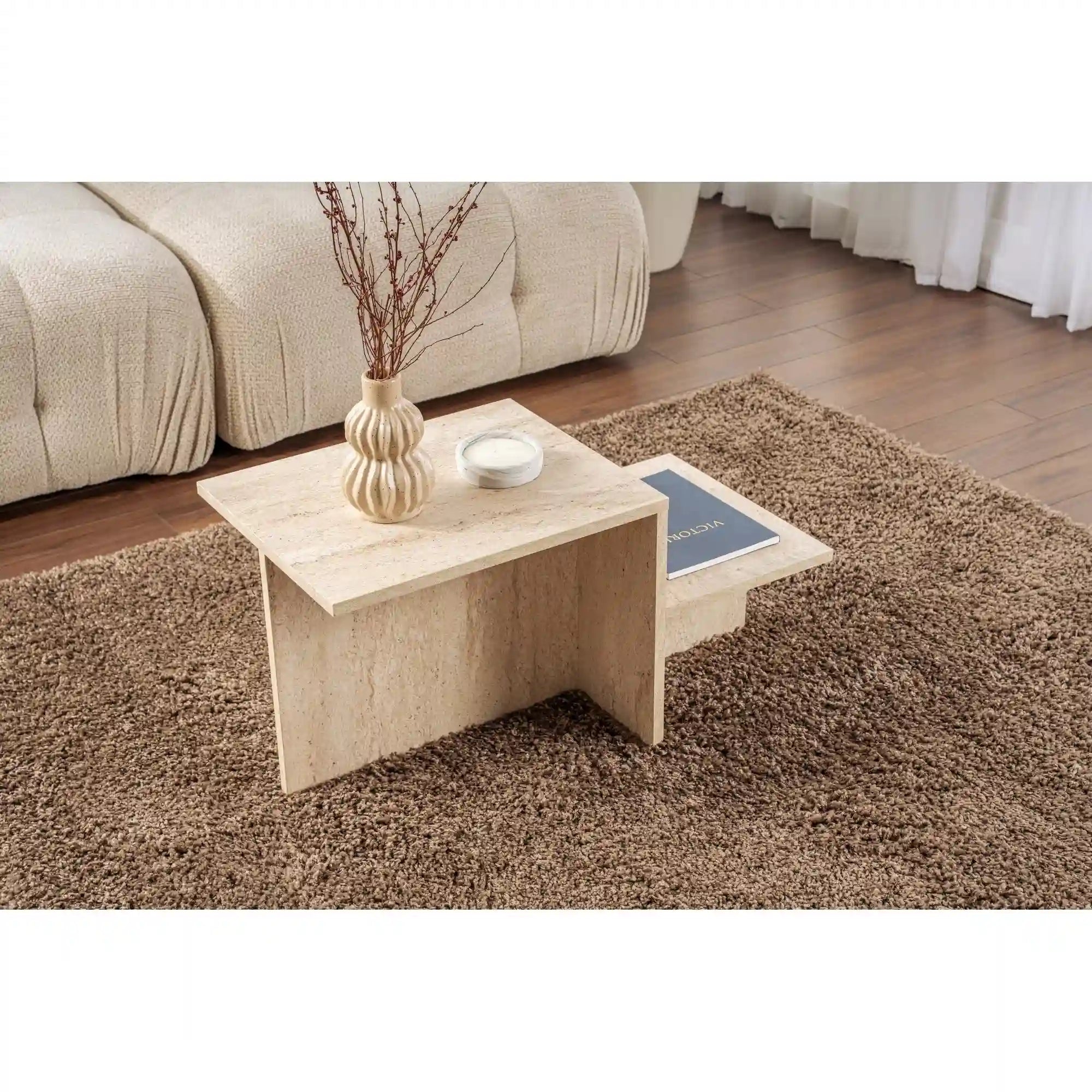 Masuta cafea HARMONY, bej cu efect de piatra travertin, PAL, 80x40x40 cm