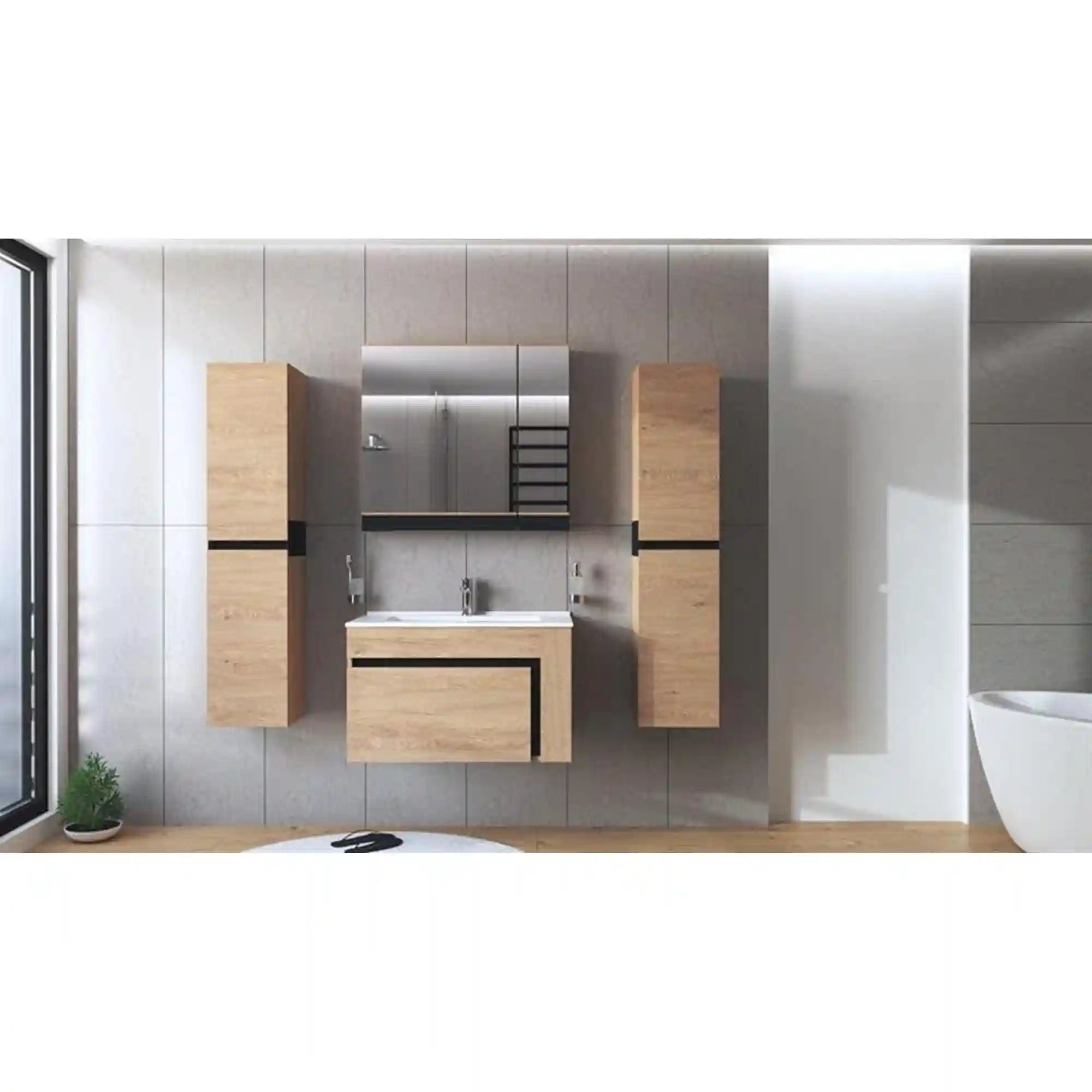 Dulap baie suspendat DUESA, stejar auriu/negru, PAL laminat, cu o usa si oglinda, 80x15x72 cm