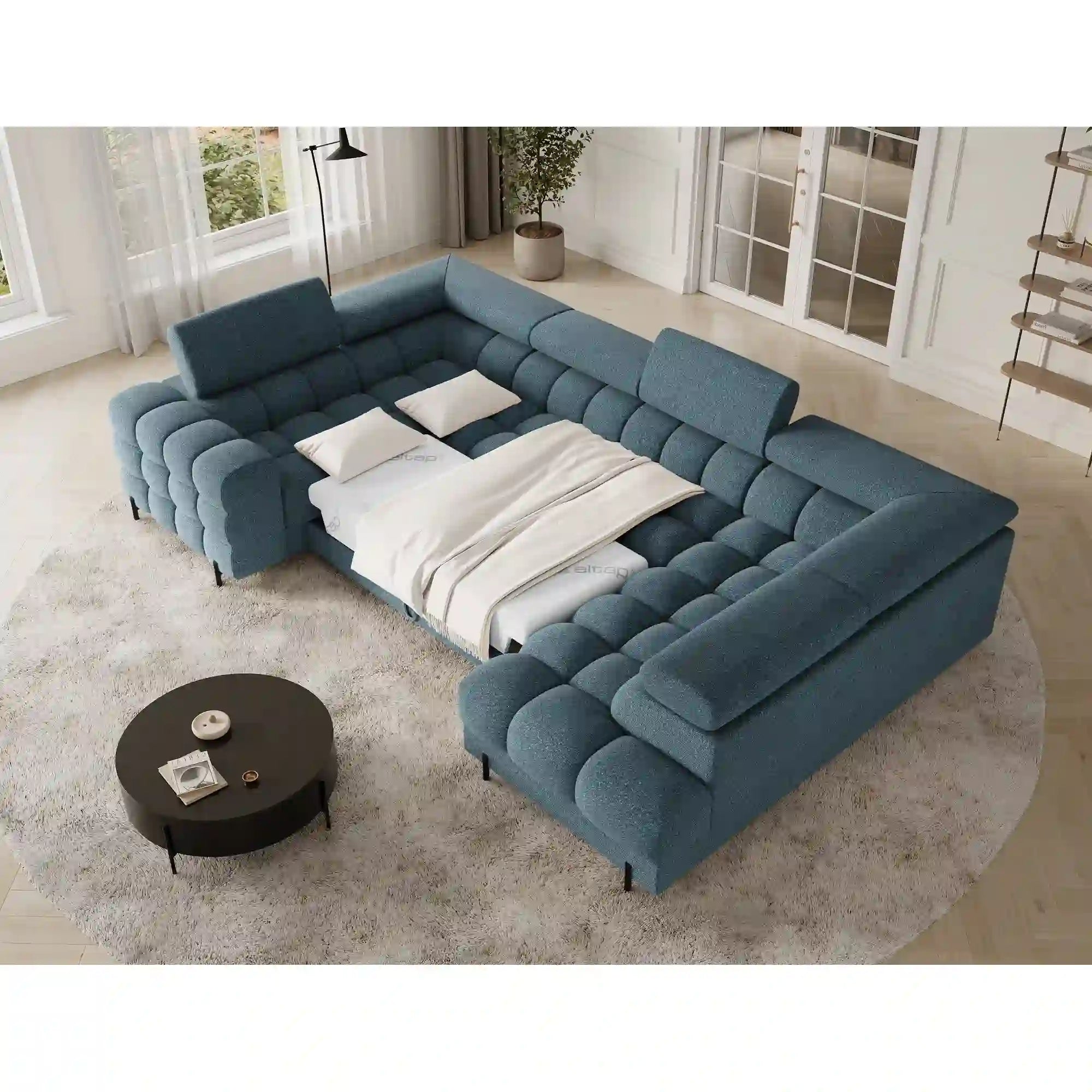 Coltar extensibil FECTORY, sezlong dreapta, stofa clasica albastru inchis - Jaffray 40, cu tetiere reglabile si spatiu depozitare, 346x205x93 cm