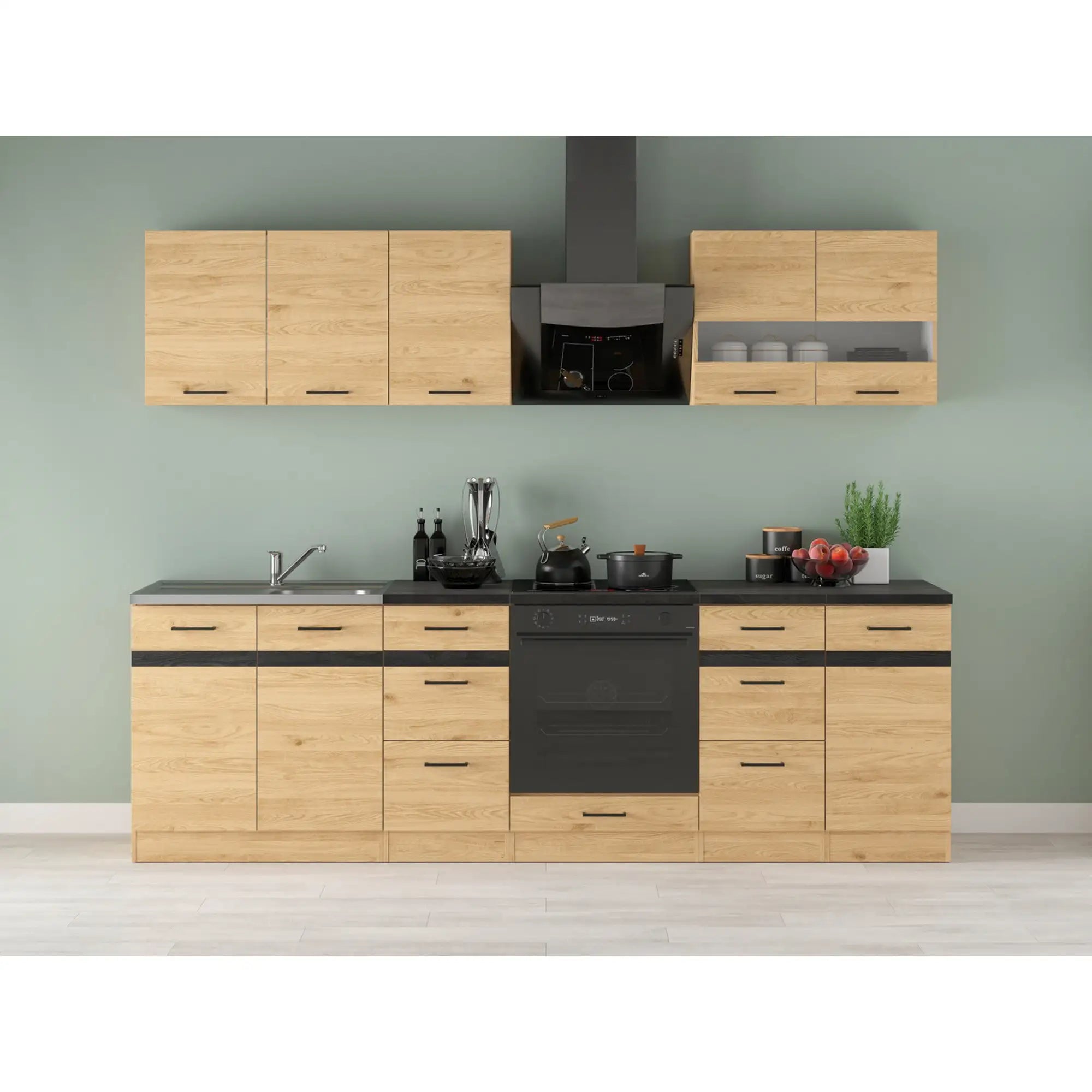 Set bucatarie JUNONA LINE, stejar, PAL, 260 cm, cu blat negru