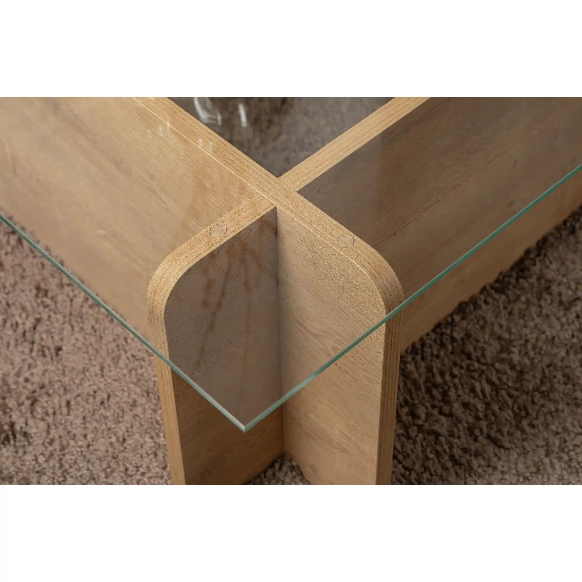 Masuta cafea FLAVIO, stejar miere/transparent, PAL/sticla, 105x65x30 cm