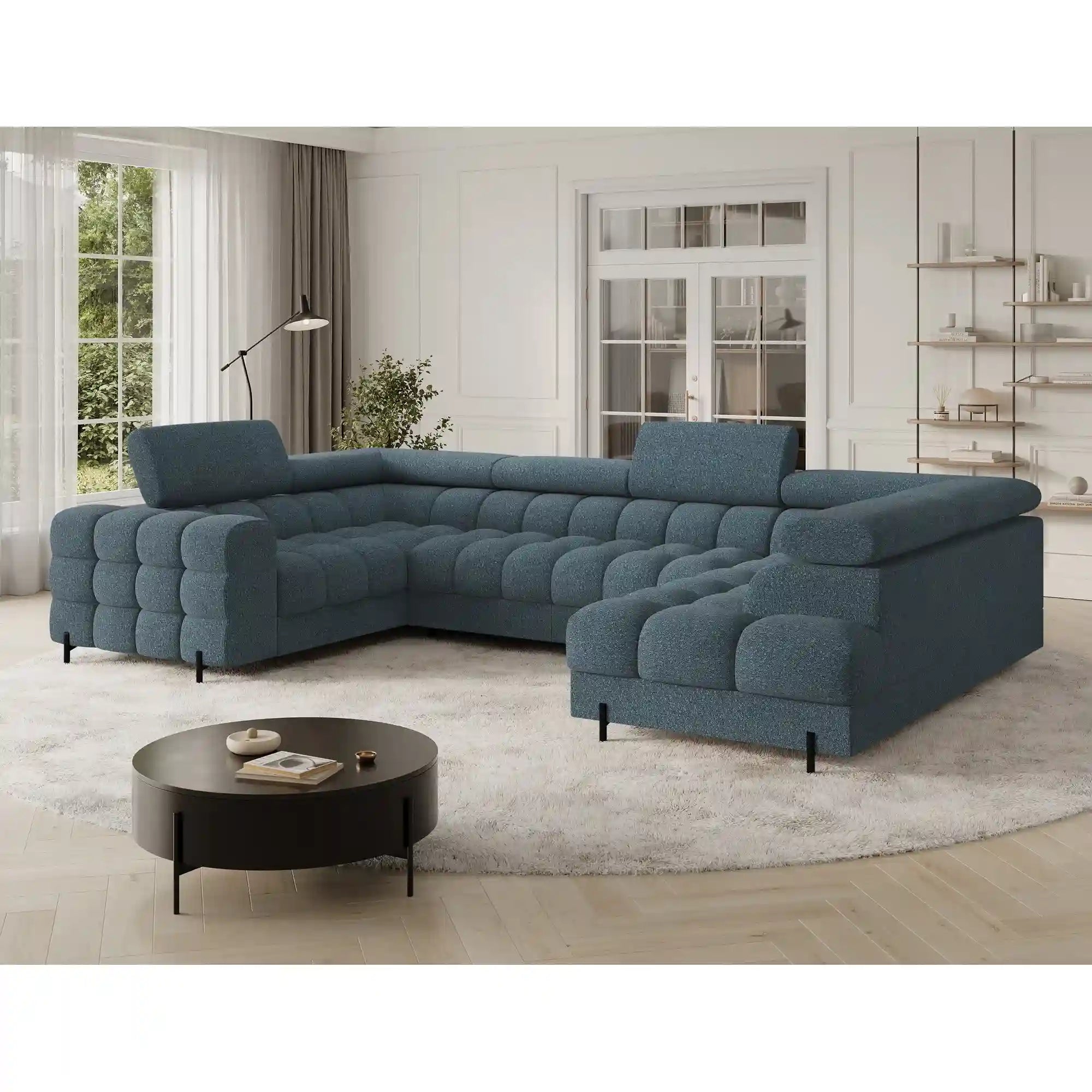 Coltar extensibil FECTORY, sezlong dreapta, stofa clasica albastru inchis - Jaffray 40, cu tetiere reglabile si spatiu depozitare, 346x205x93 cm