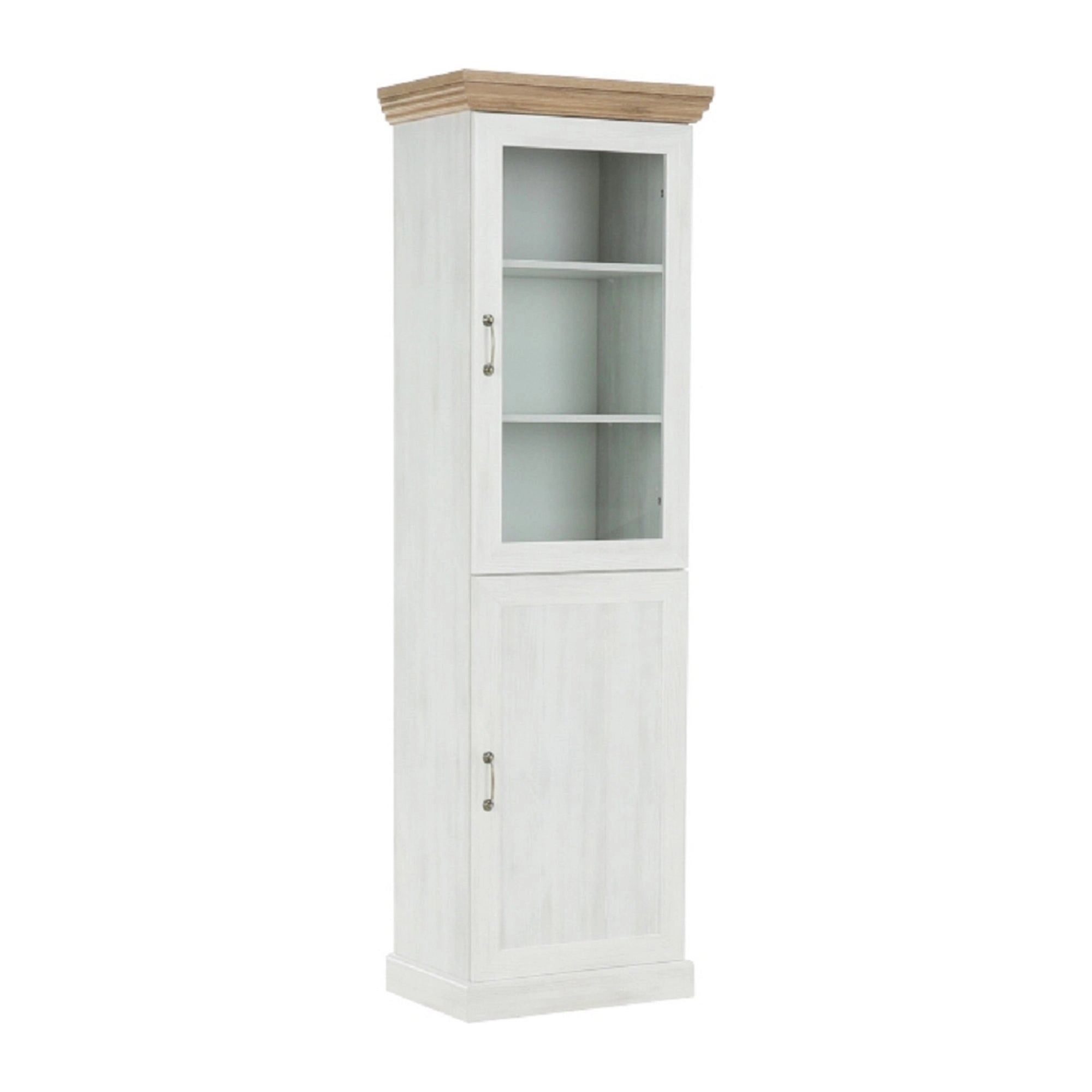Vitrina ROYAL W1D, pin nordic/stejar salbatic, PAL melaminat/plinte decorative/metal, 57x39x187 cm