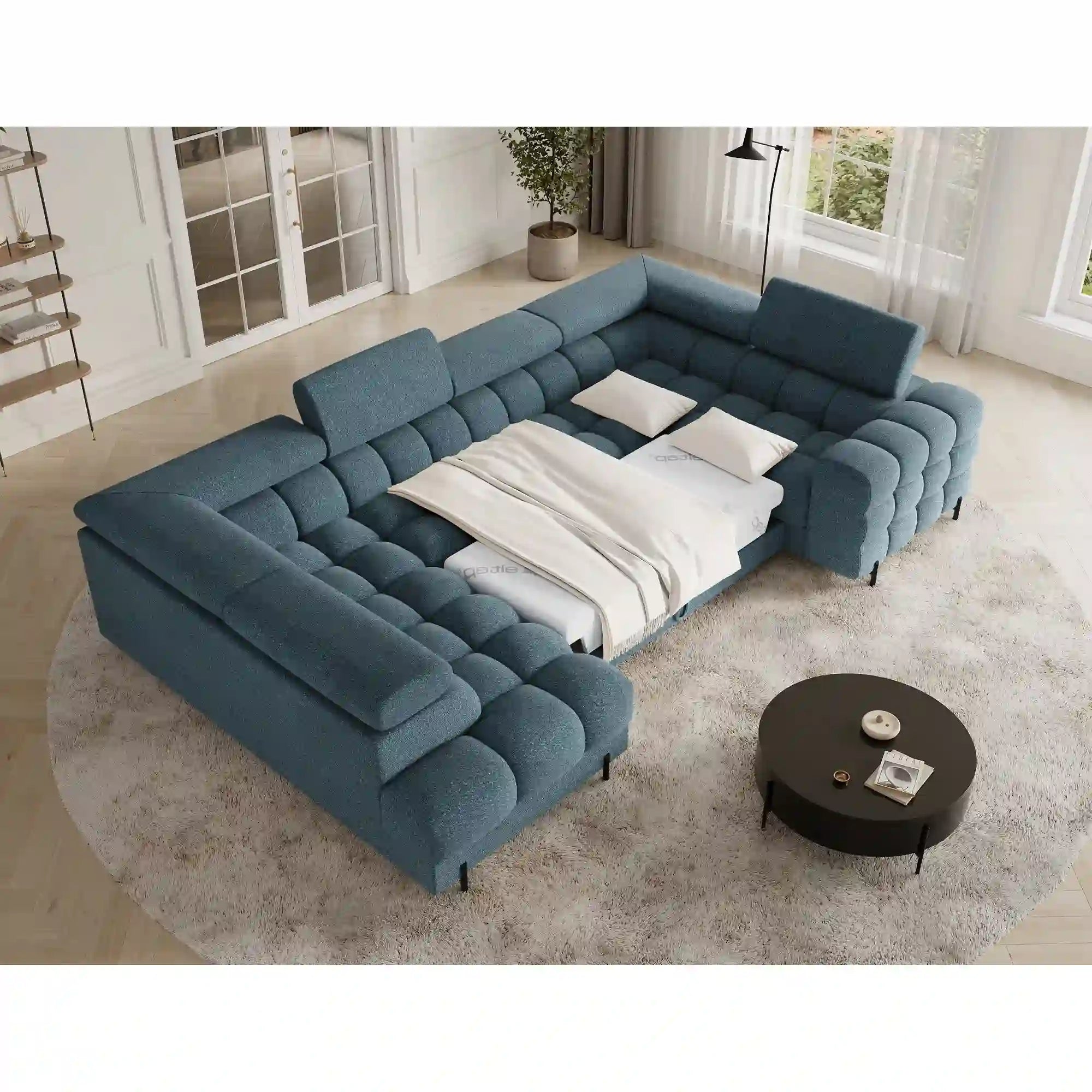 Coltar extensibil FECTORY, sezlong stanga, stofa clasica albastru inchis - Jaffray 40, cu tetiere reglabile si spatiu depozitare, 346x205x93 cm