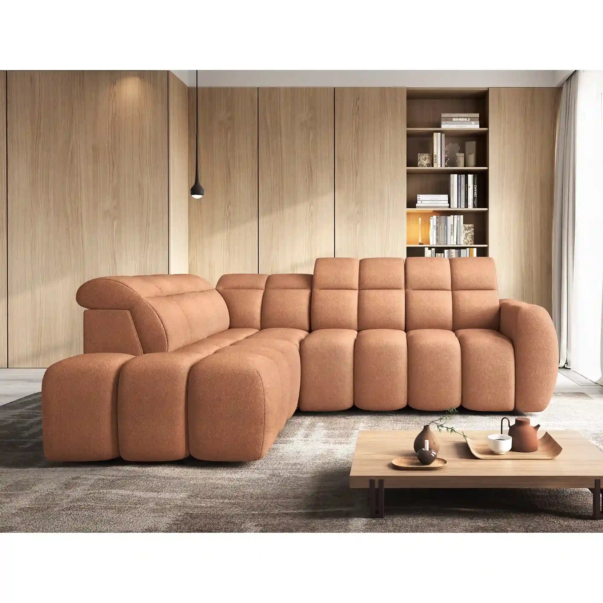 Coltar FALCONN, sezlong stanga, stofa clasica somon - Xillar 24, cu reglaj electric, tetiere reglabile si lada depozitare, 258x208x107 cm