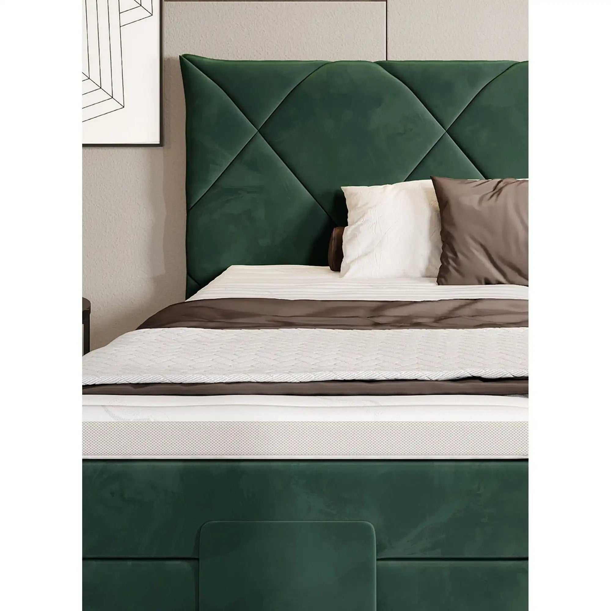 Pat boxspring PAVO 160x200, stofa catifelata turcoaz inchis - RIVIERA 87, cu mecanism electric si saltele