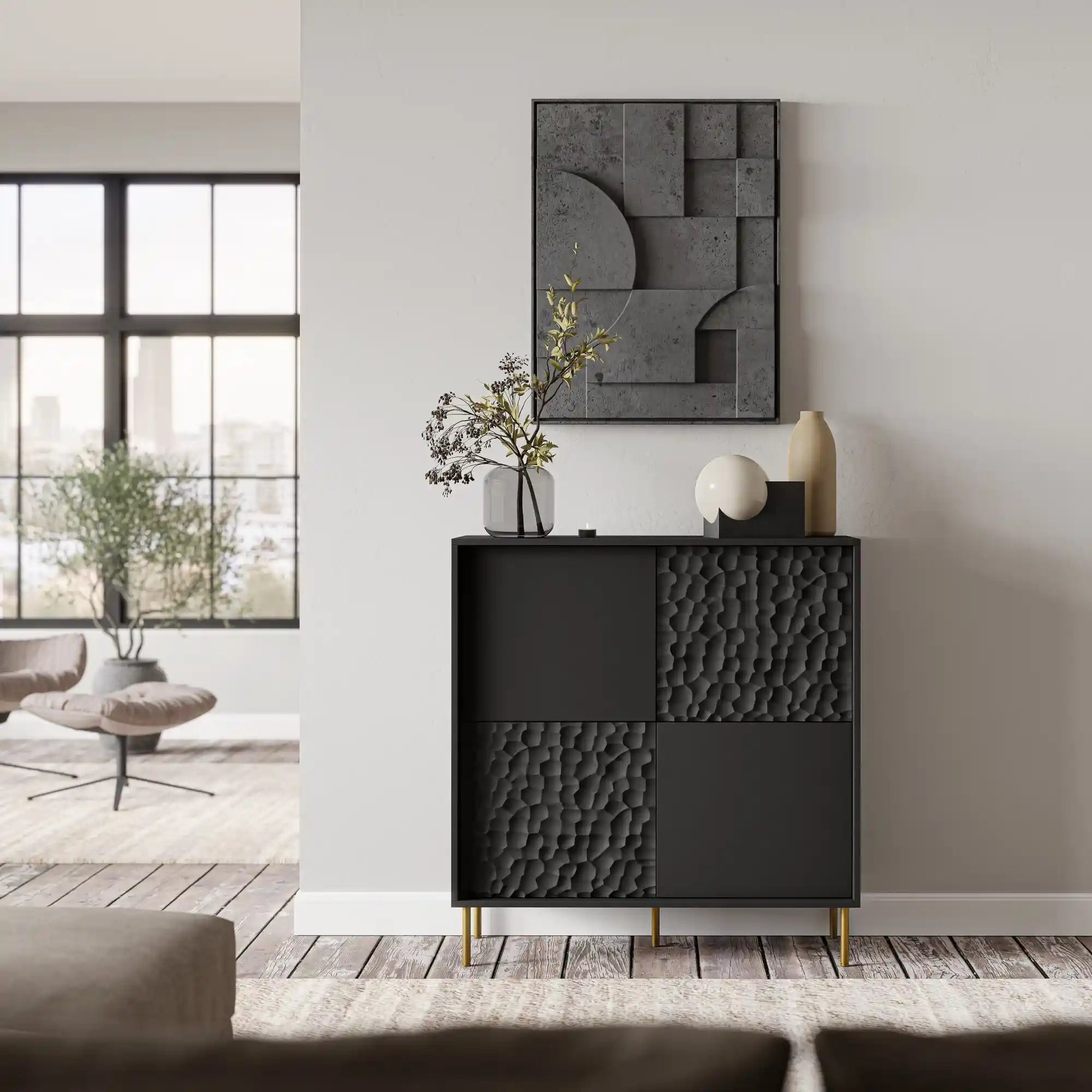 Comoda BULLET, negru/auriu, PAL laminat, 100x41x105 cm